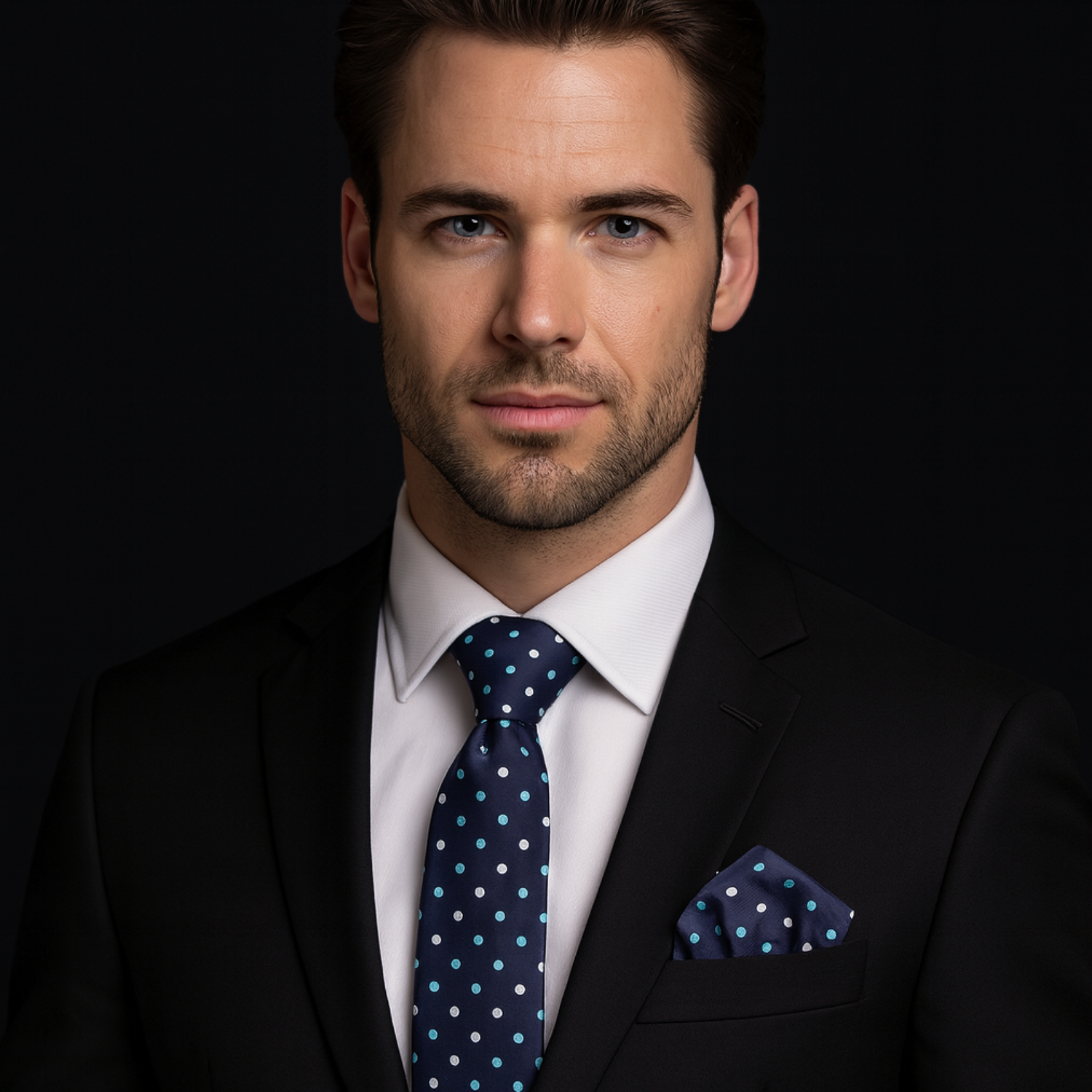 Man wearing a black suit with a blue polka dot tie and pocket square on a dark background