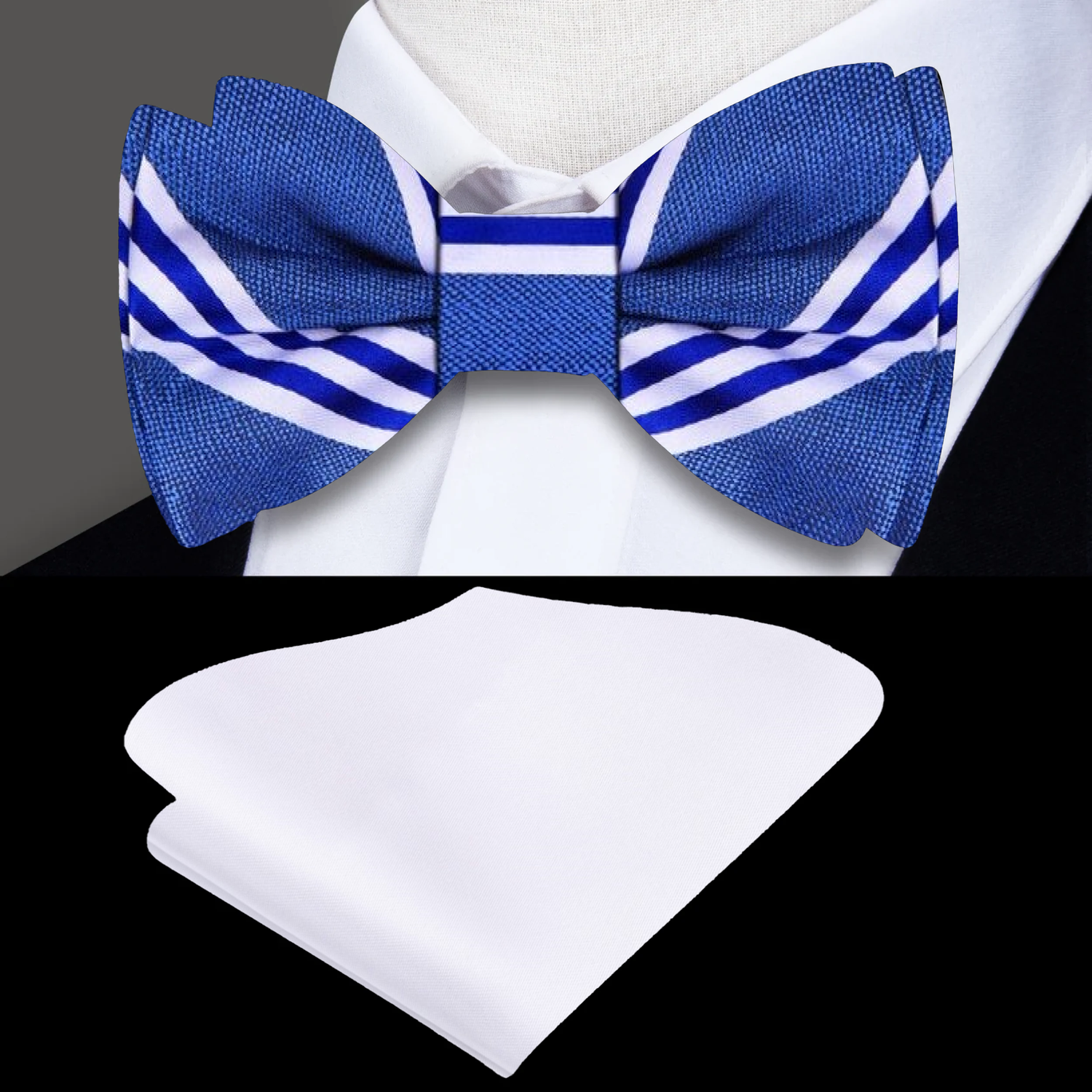 Blue and White Stripe Bow Tie and White Pocket SquareBlue and White Stripe Bow Tie and White Pocket Square