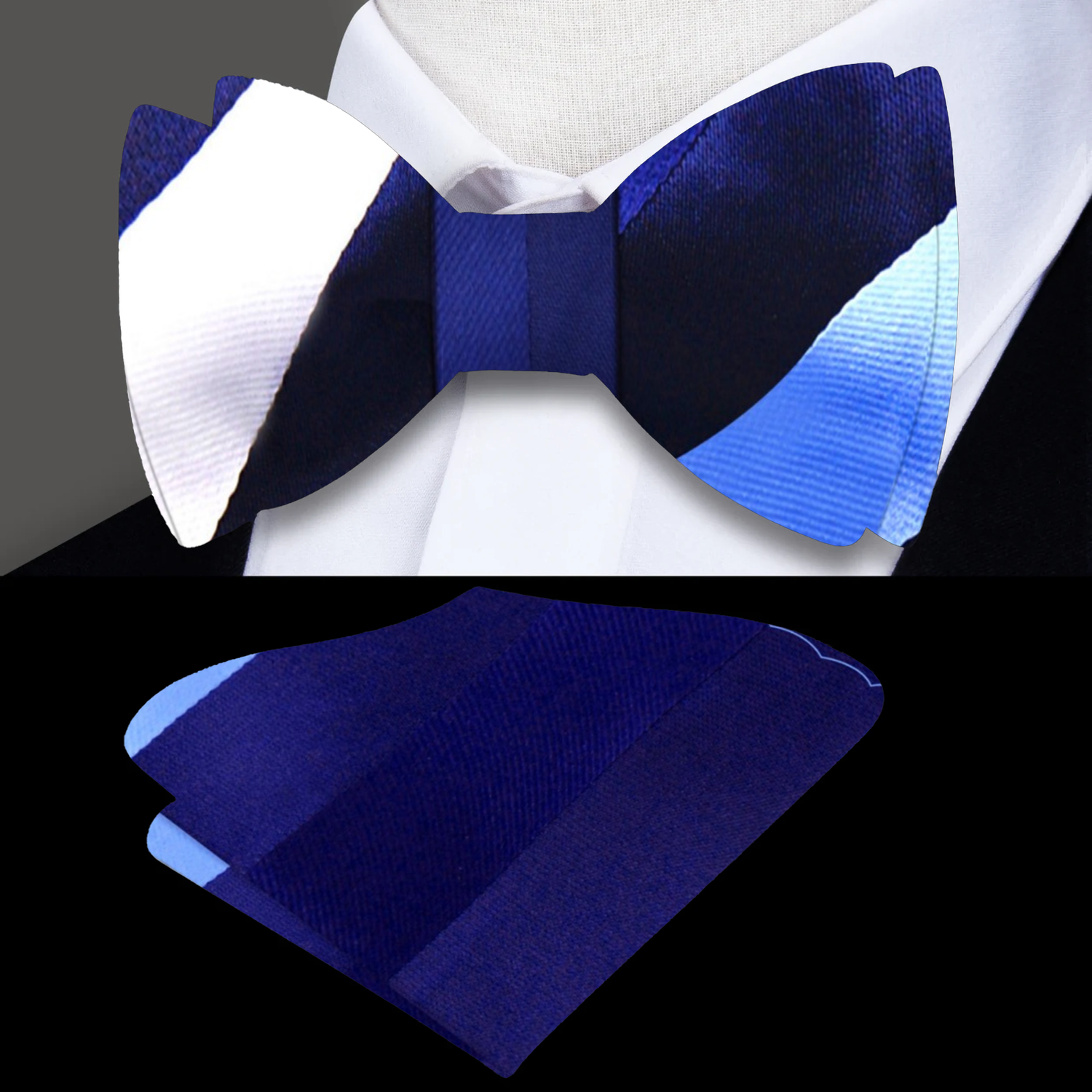 A Blue, White Stripe Pattern Silk Self Tie Bow Tie, Matching Pocket Square