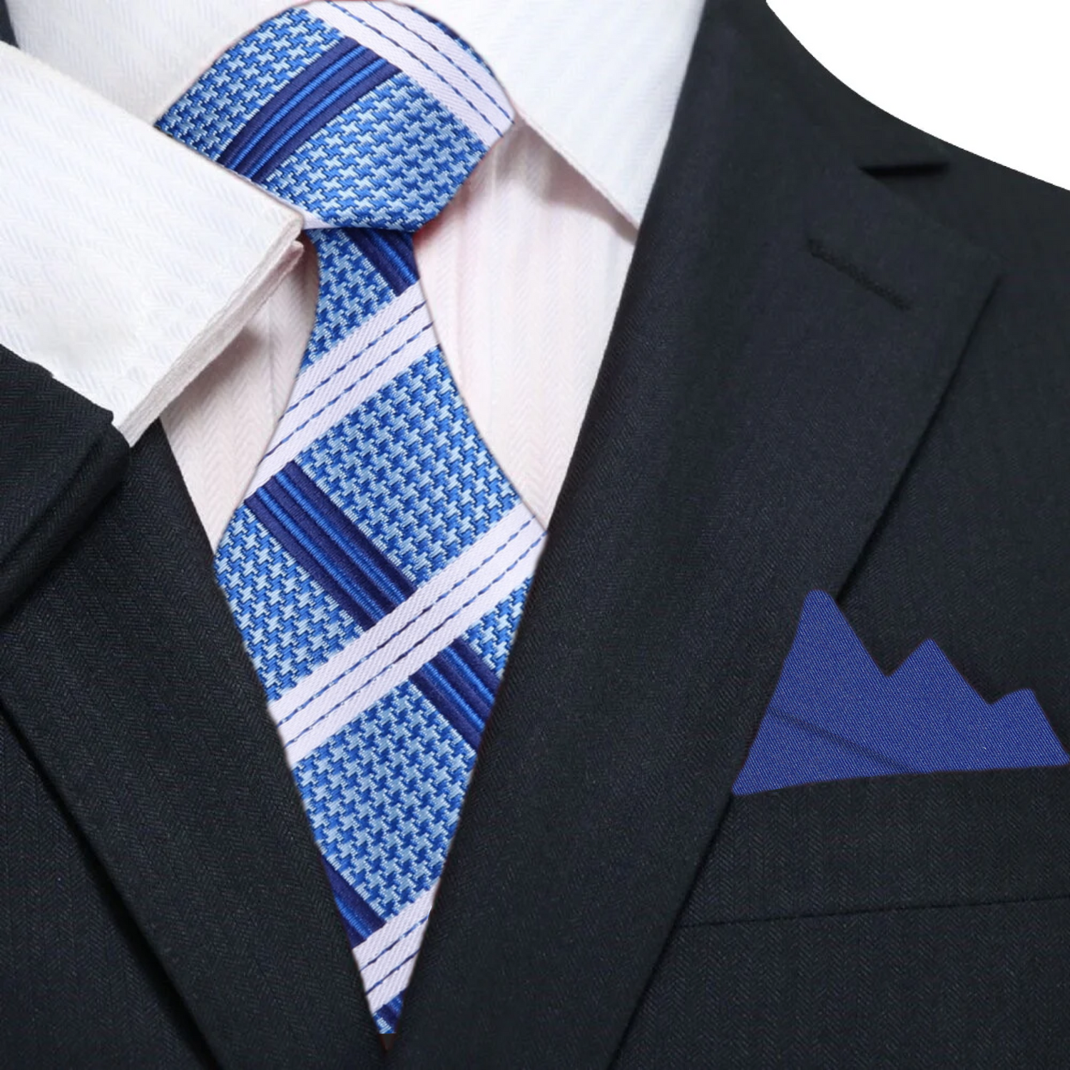 Blue, White Plaid Necktie and Blue Square