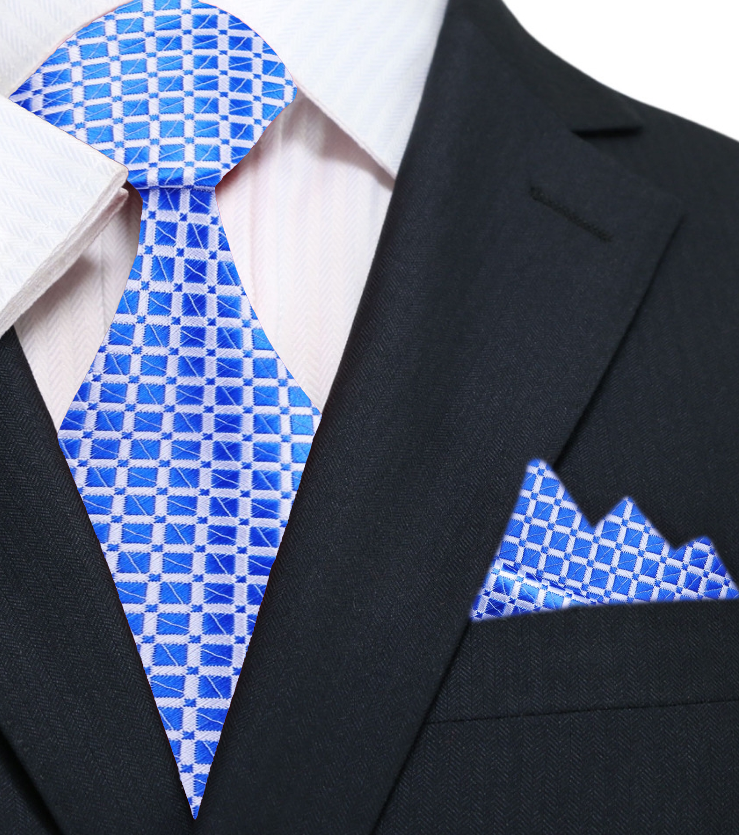 Main: A Blue, White Small Geometric Check Pattern Silk Necktie, Matching Pocket Square