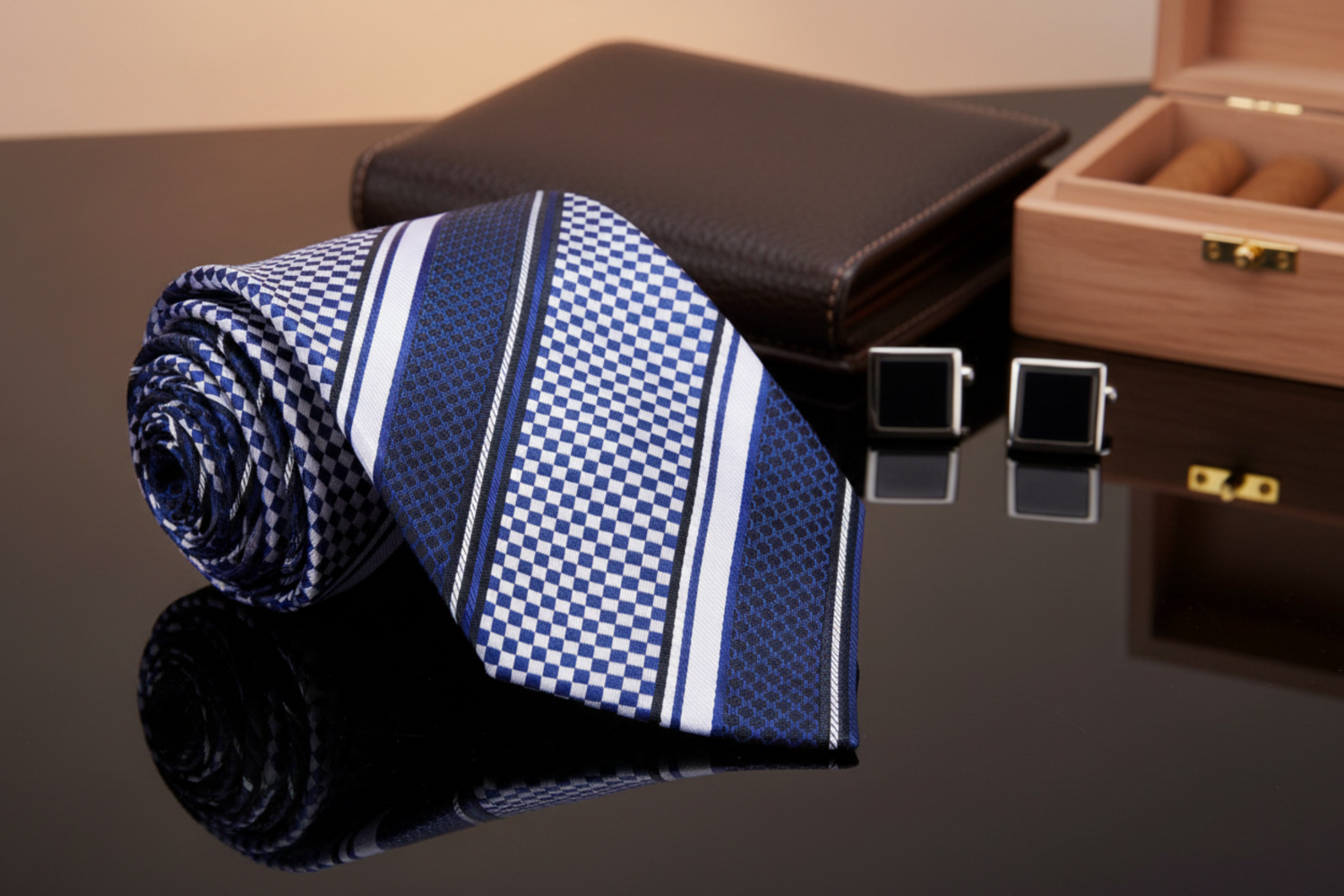 Blue and white checkered tie with striped pattern on a white background