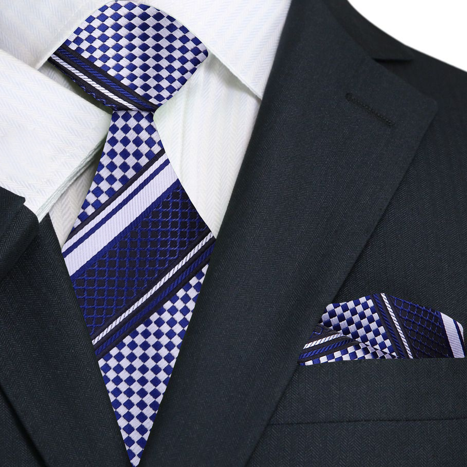 Navy suit with a matching tie and pocket square featuring a geometric pattern.