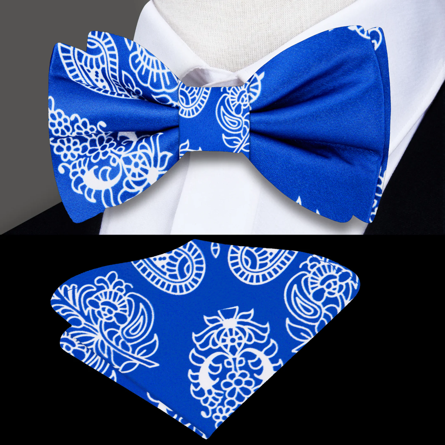 Blue White Paisley Bow Tie and Square