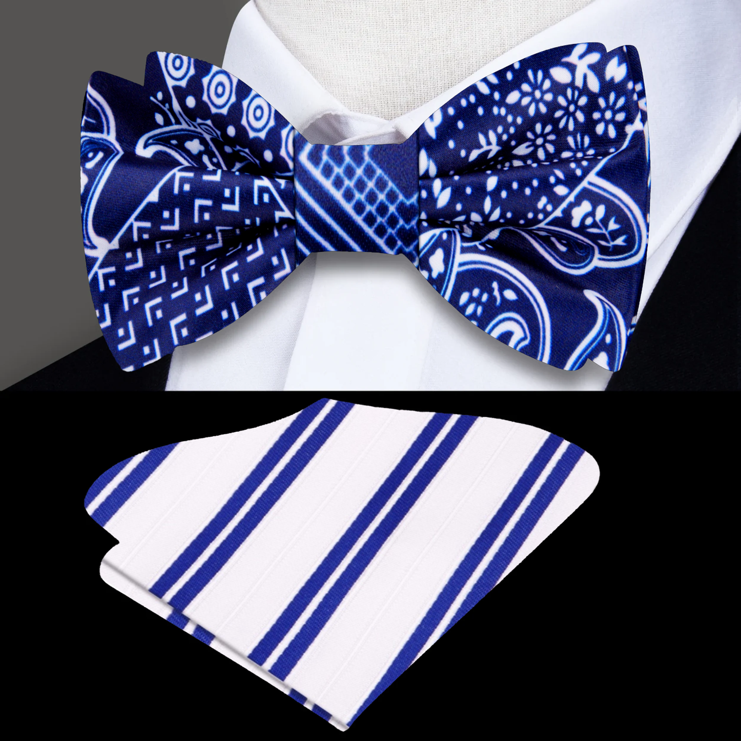Royal Blue Patchwork Paisley Bow Tie and Accenting Pocket Square