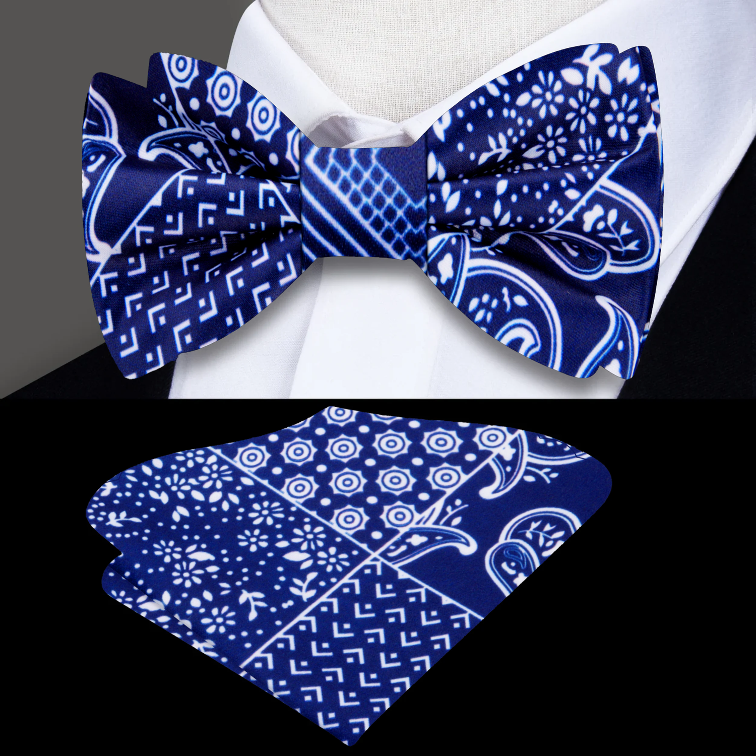 Royal Blue Patchwork Paisley Bow Tie and Pocket Square