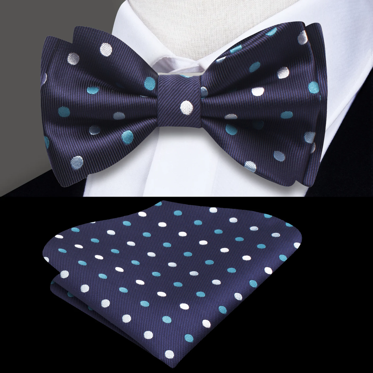 A Blue, White Polka Dot Pattern Self Tie Bow Tie, Matching Pocket Square