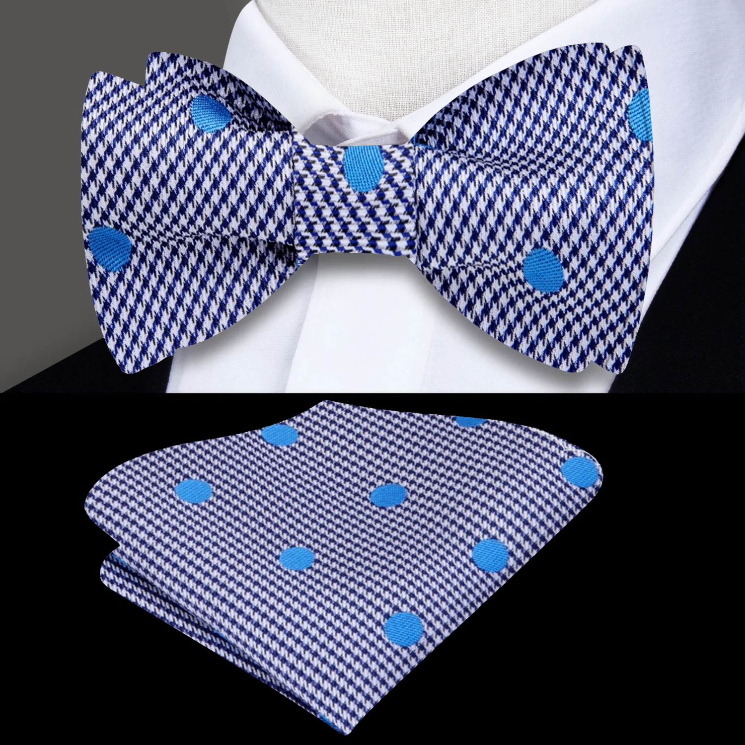 A Black, White, Blue Polka Dot Pattern Self Tie Bow Tie, Matching Pocket Square
