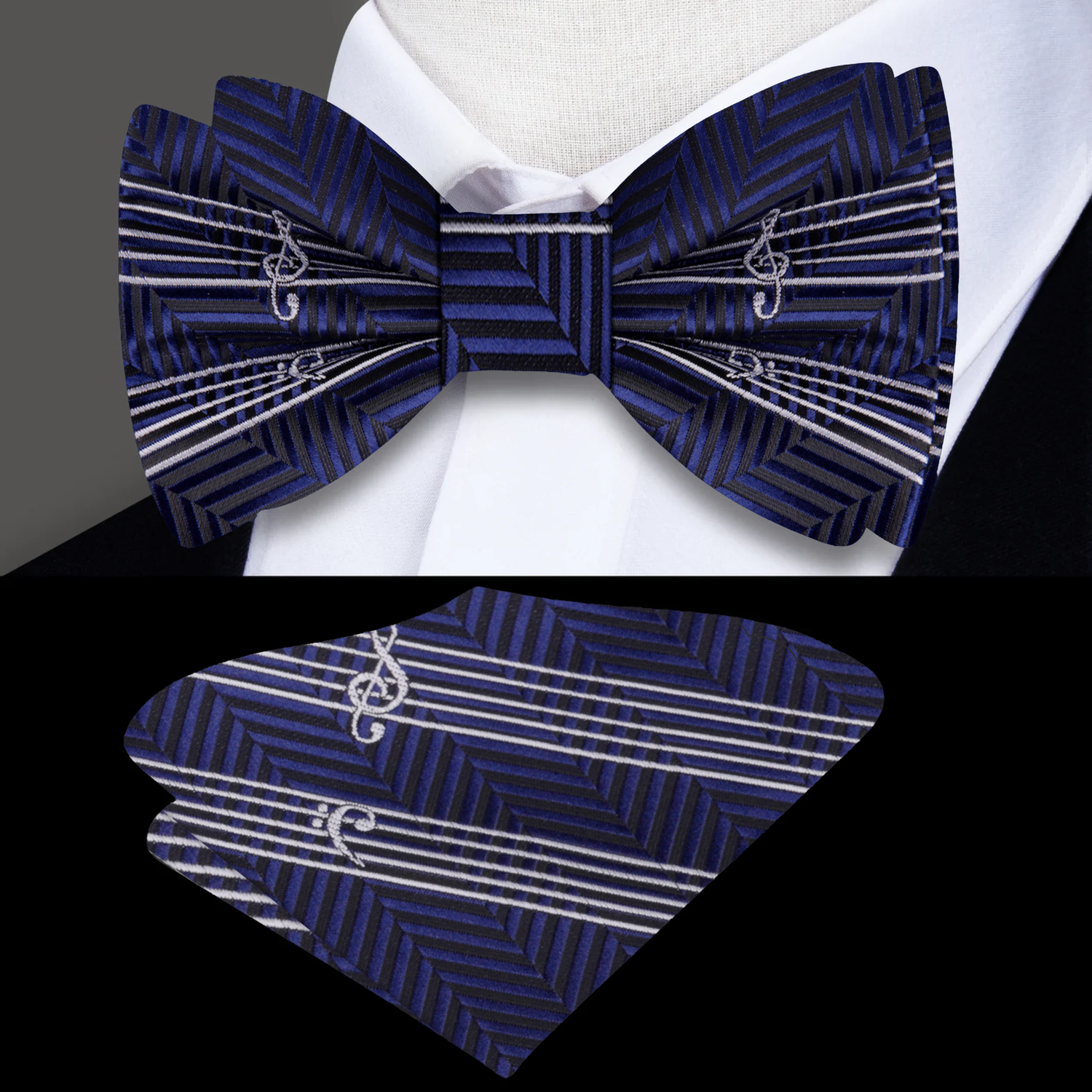 Blue White Printed Music Bow Tie and Pocket Square||Navy Blue, White