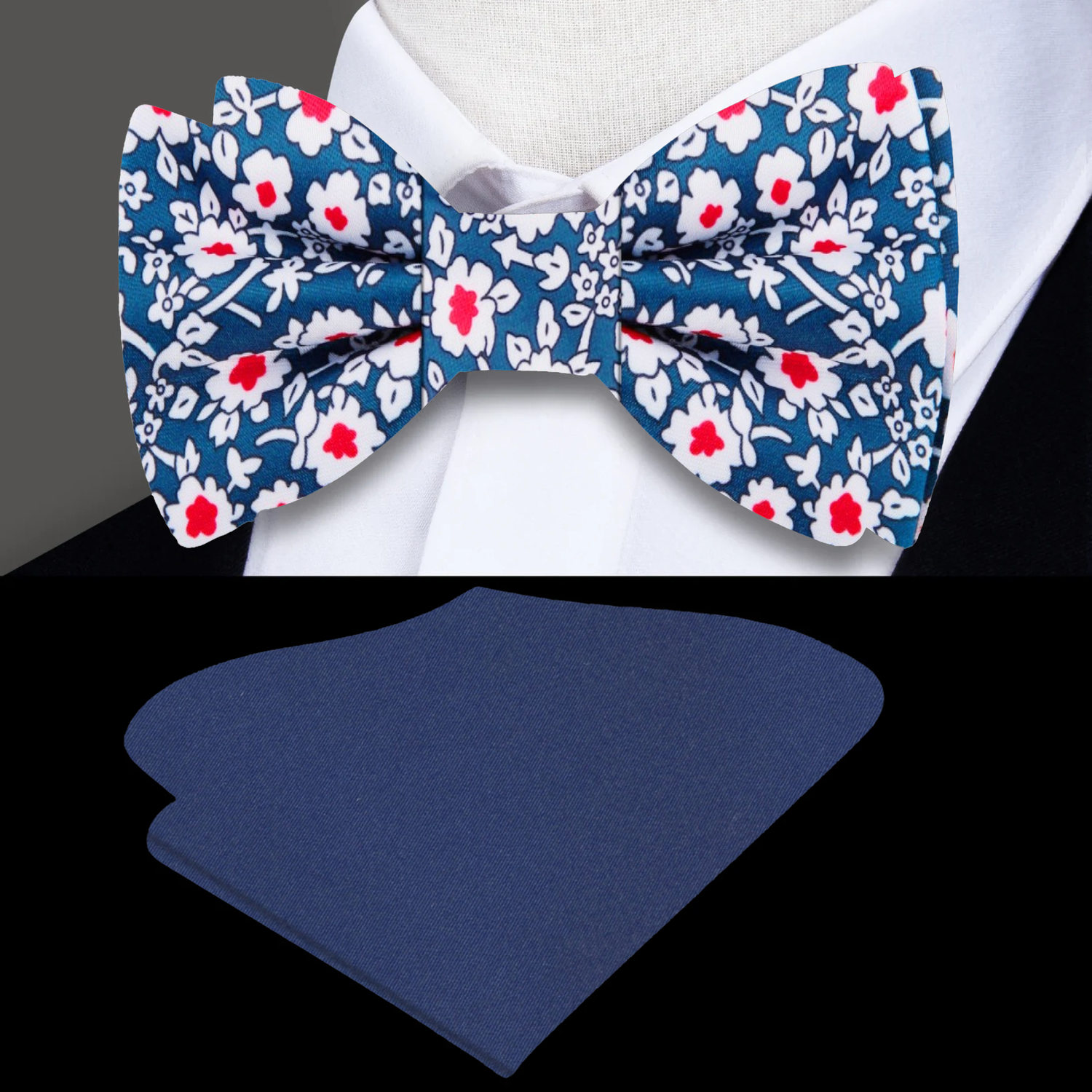 Blue, Red, White Flowers Bow Tie and Blue Square 