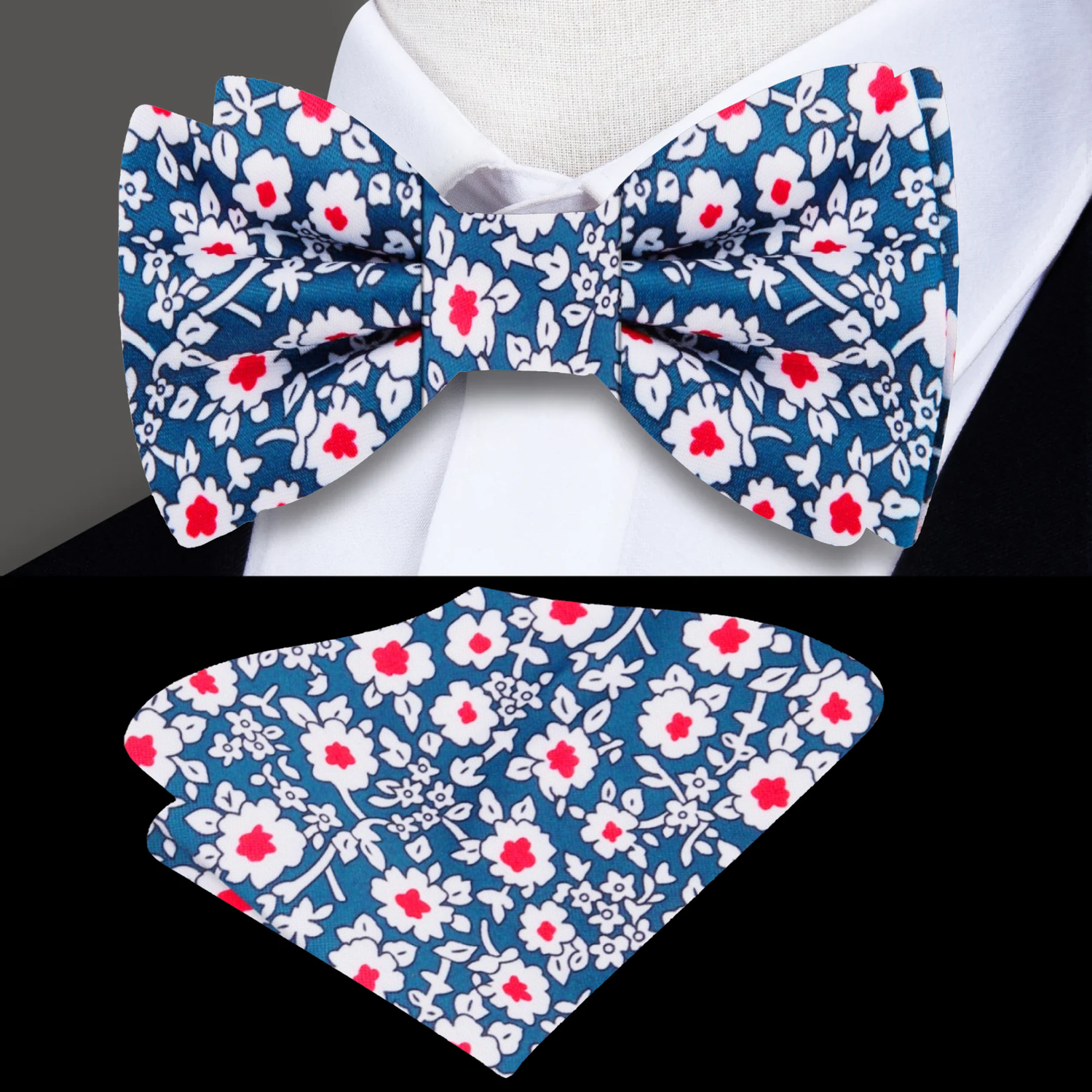 Blue, Red, White Flowers Bow Tie and Matching Square