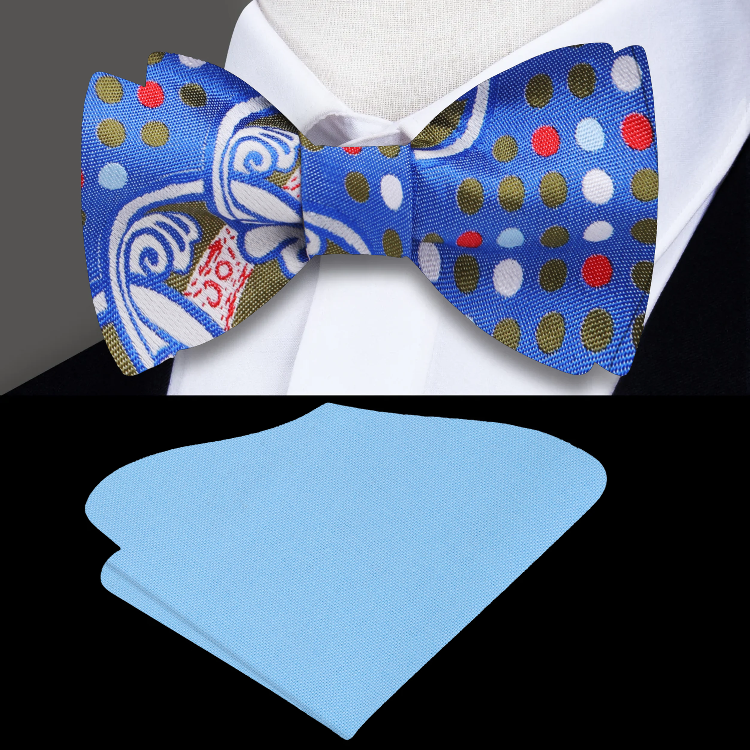 A White, Blue, Red, Green Wavy Circular Abstract with Dots Pattern Silk Self Tie Bow Tie, With Light Blue Pocket Square