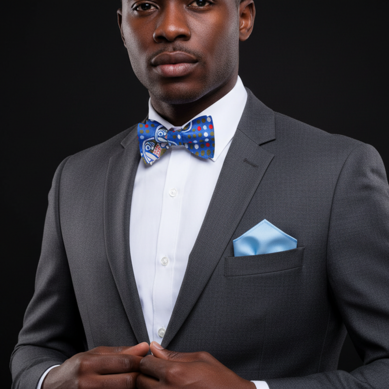 Blue Polka Dot Self-Tie Bow Tie | Red, White & Paisley Detail