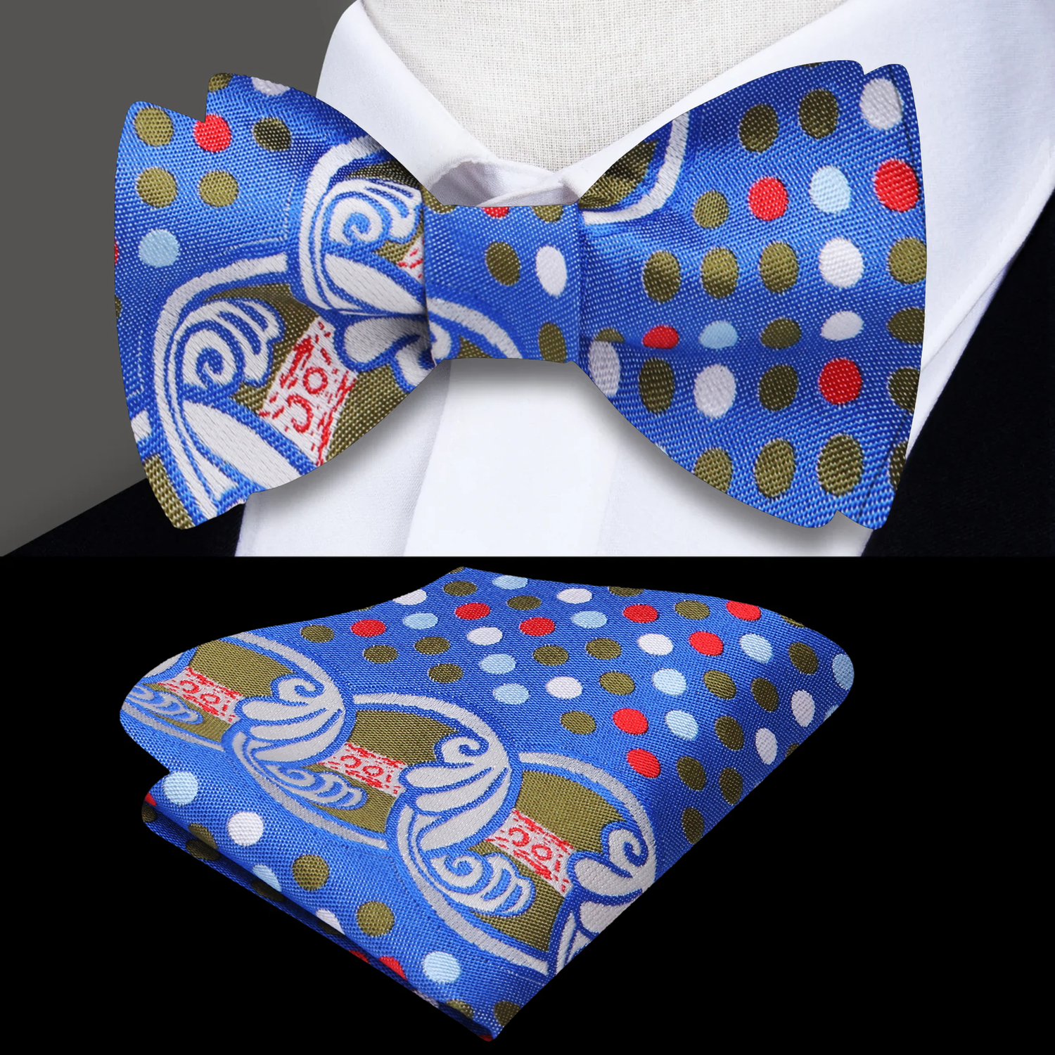 A White, Blue, Red, Green Wavy Circular Abstract with Dots Pattern Silk Self Tie Bow Tie, With Matching Pocket Square