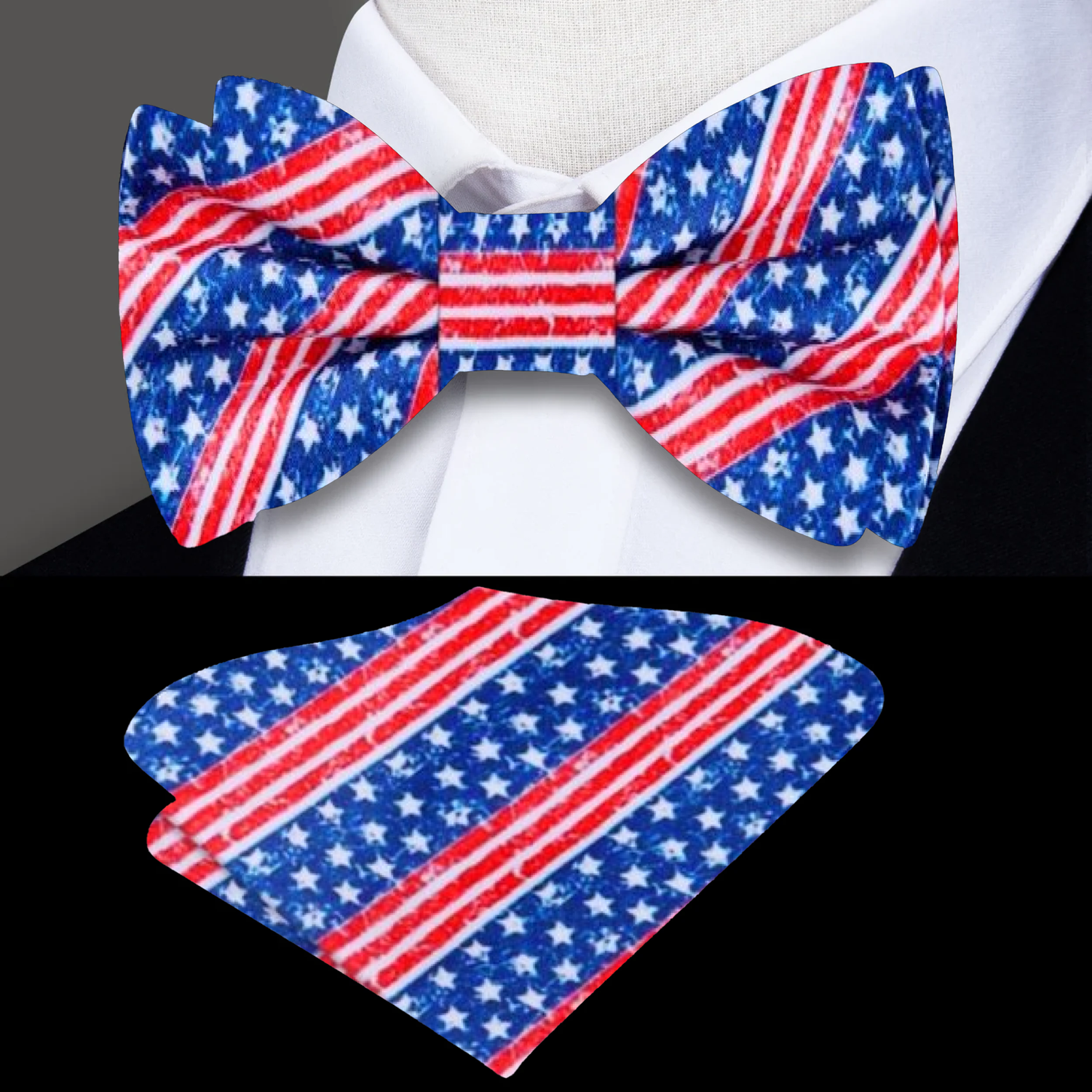 Blue, Red, White Stars and Stripes Bow Tie and Square