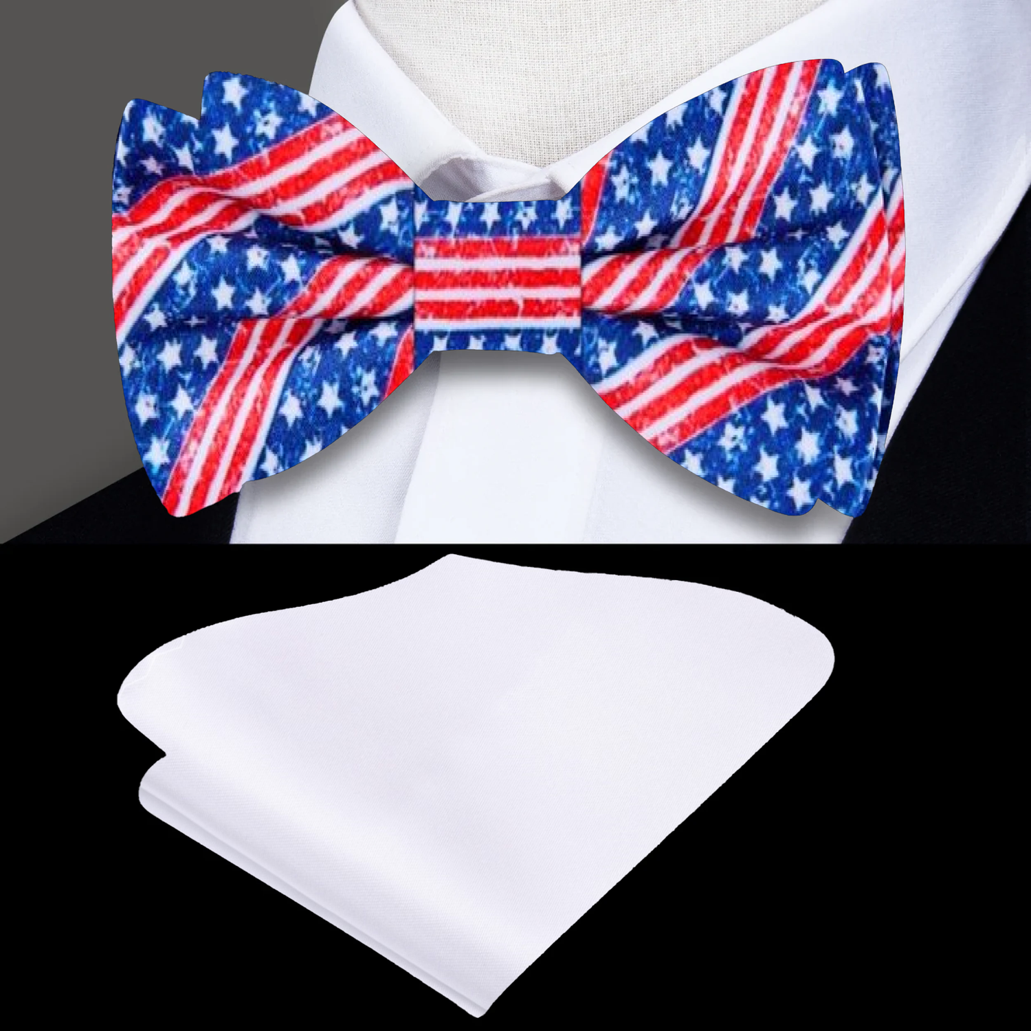 Blue, Red, White Stars and Stripes Bow Tie and White Square