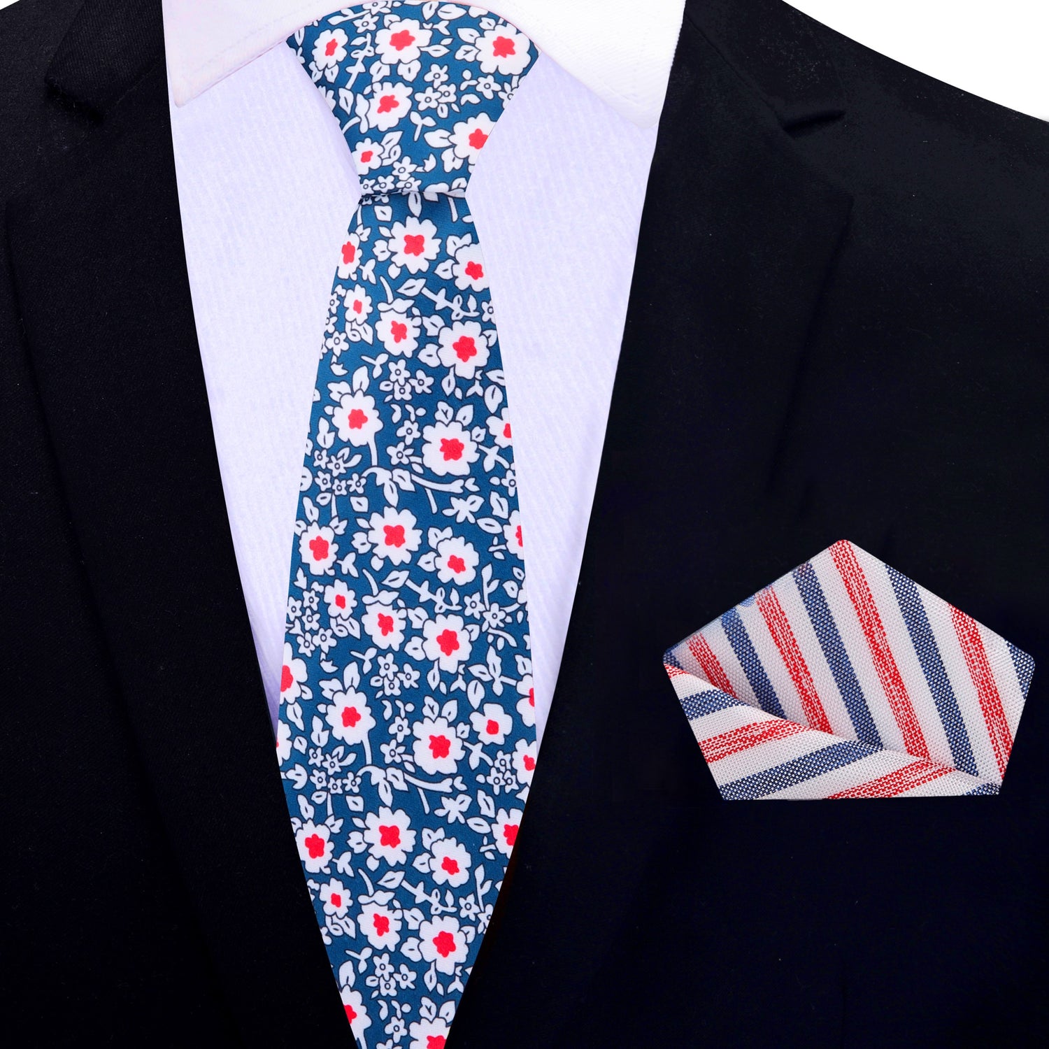 Thin Tie: Blue, Red and White Simple Flowers Tie and White, Blue, Red Stripe Pocket Square