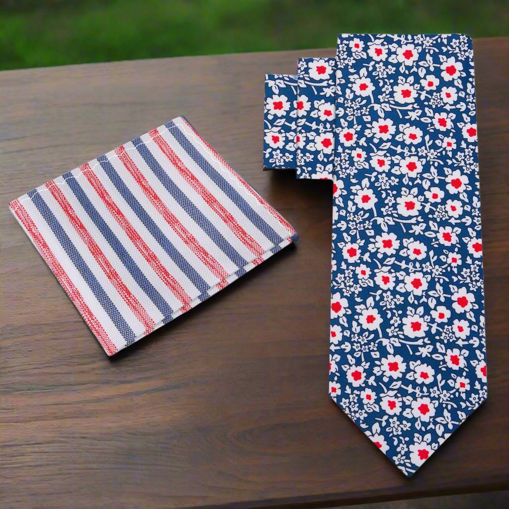 Alt View: Blue, Red and White Simple Flowers Tie and White, Blue, Red Stripe Pocket Square