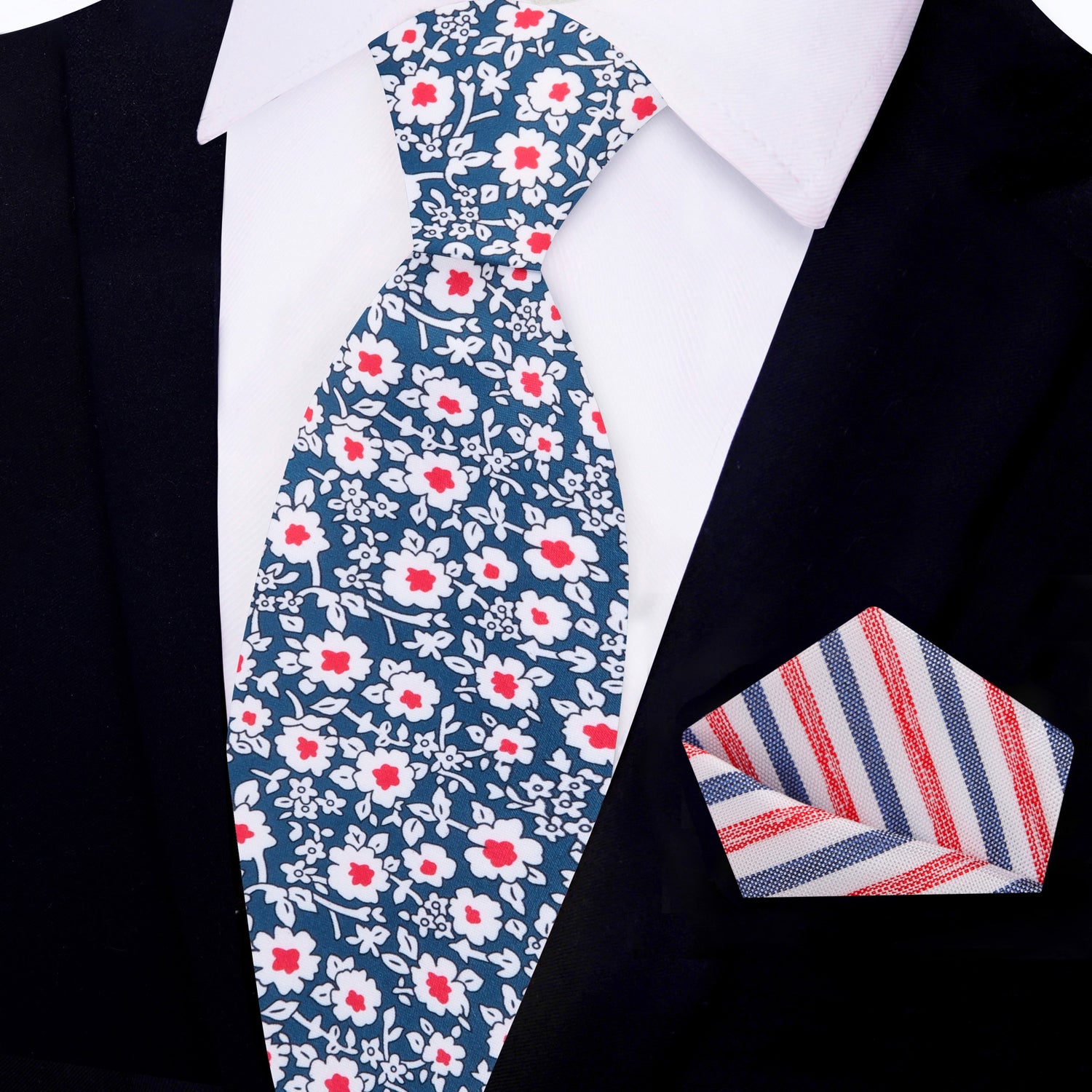 View 2; Blue, Red and White Simple Flowers Tie and White, Blue, Red Stripe Pocket Square