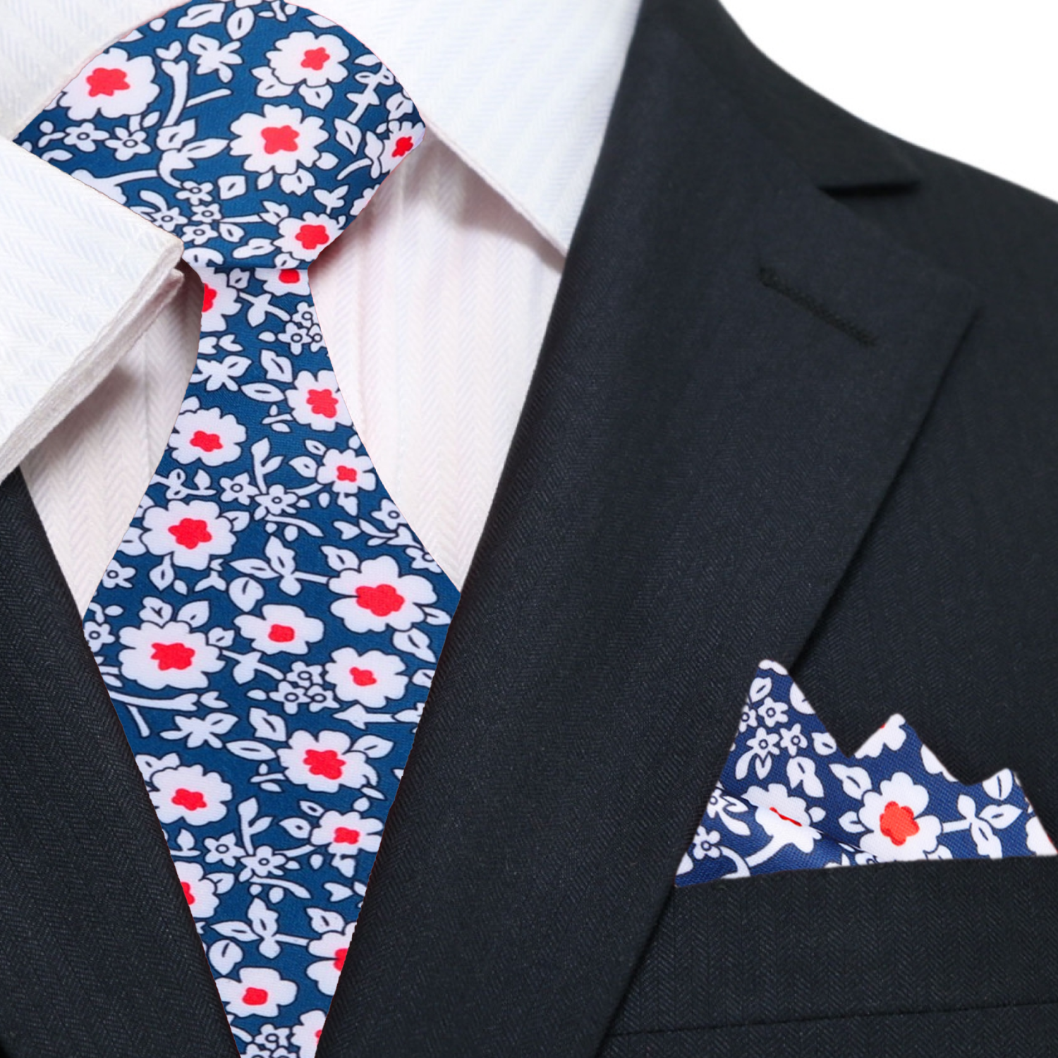 Blue, Red and White Simple Flowers Tie and Square