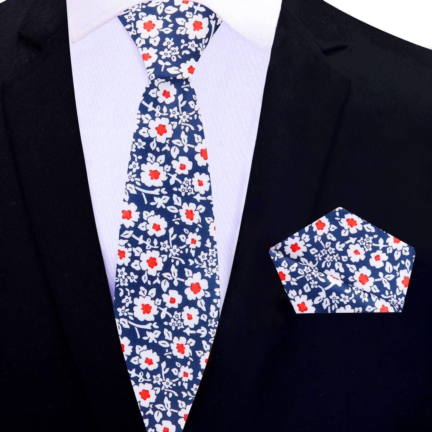 Thin Blue, Red and White Simple Flowers Tie and Square