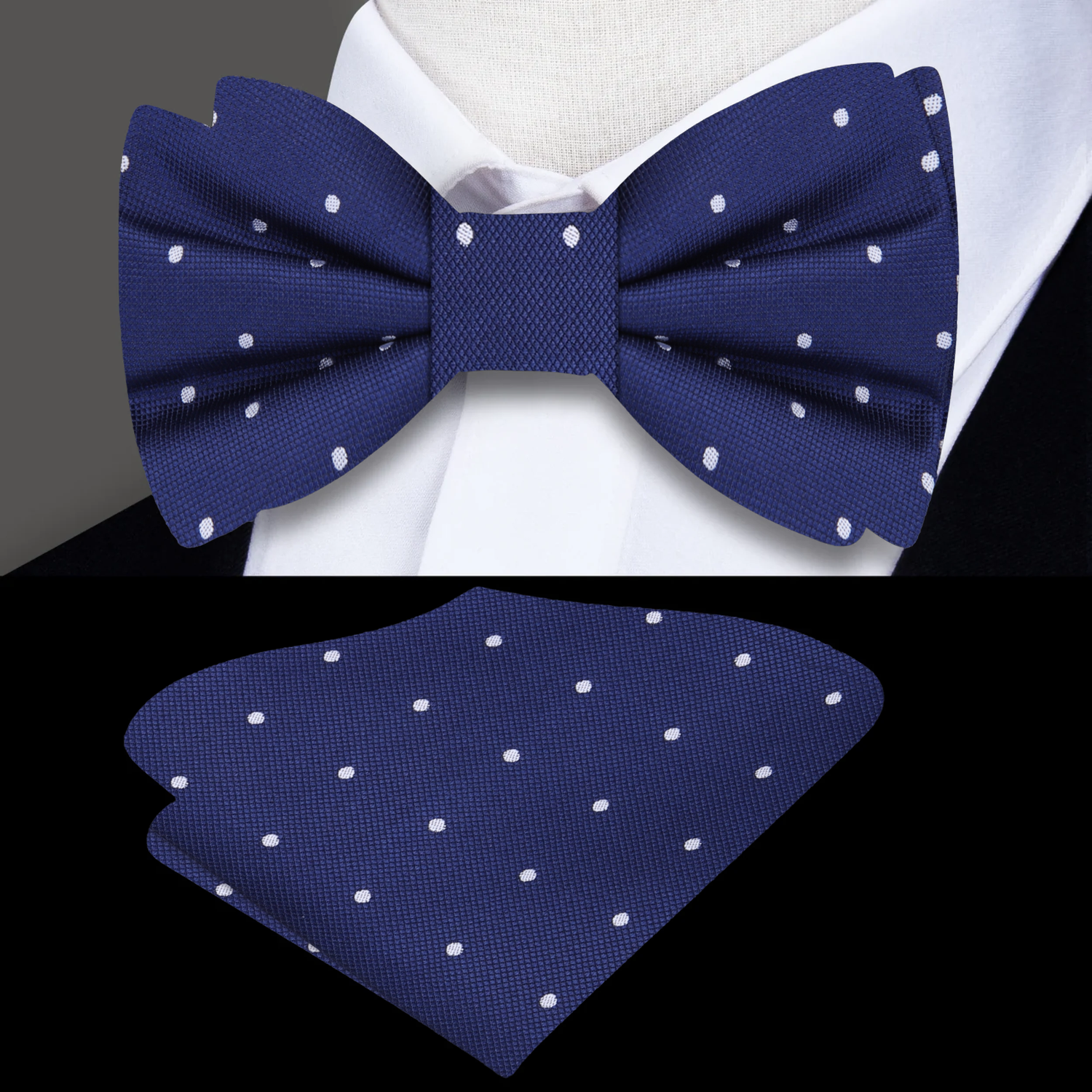 Blue White Small Mercenary Polka Bow Tie and Square