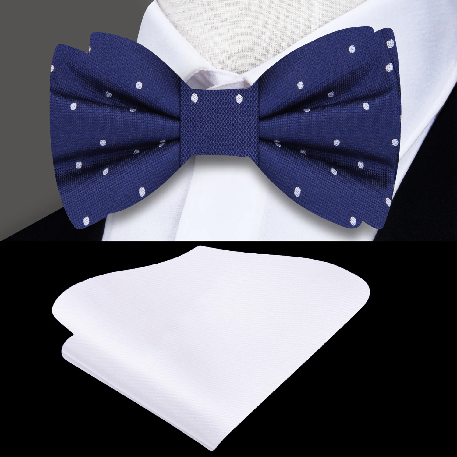 Blue White Small Mercenary Polka Bow Tie and White Square