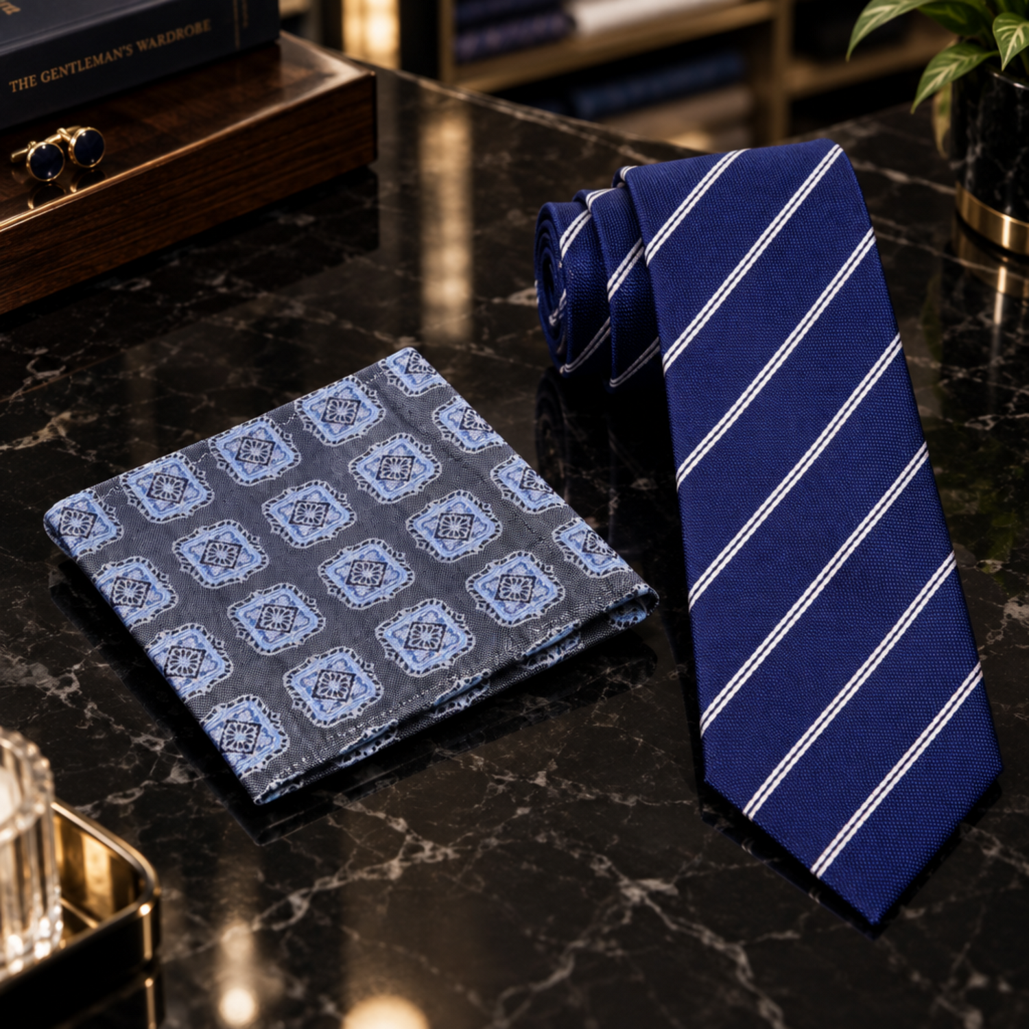Alt Blue with White Stripes Tie and Accenting Square