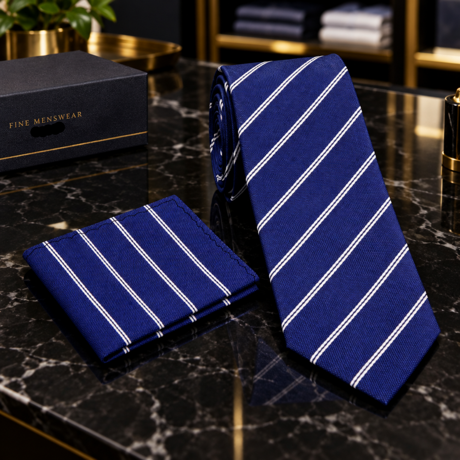 Blue with White Stripes Tie and matching square
