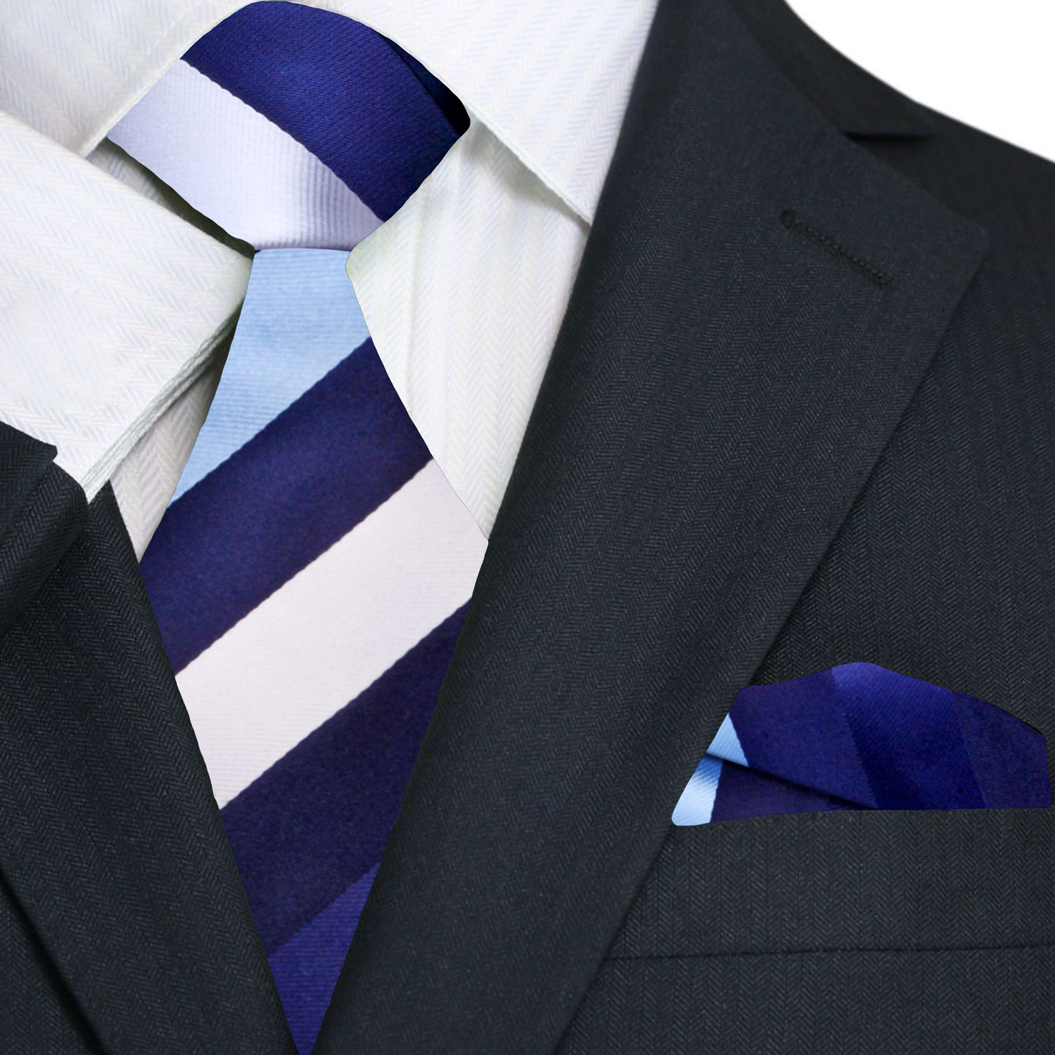 Main: Blue, Dark Blue, White Stripe Tie and Pocket Square