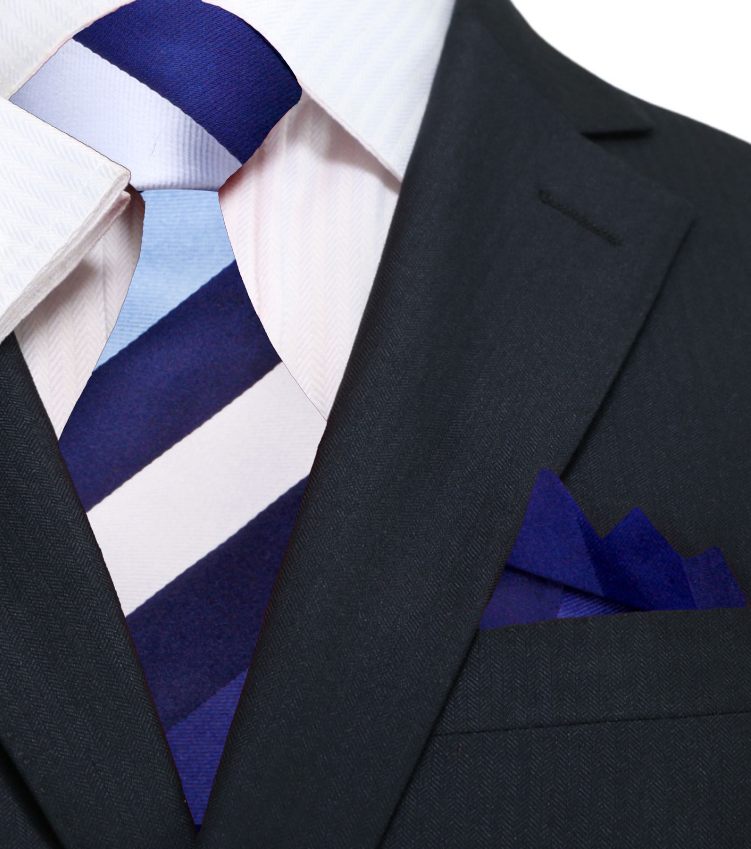 Main: Blue, Dark Blue, White Stripe Tie and Pocket Square