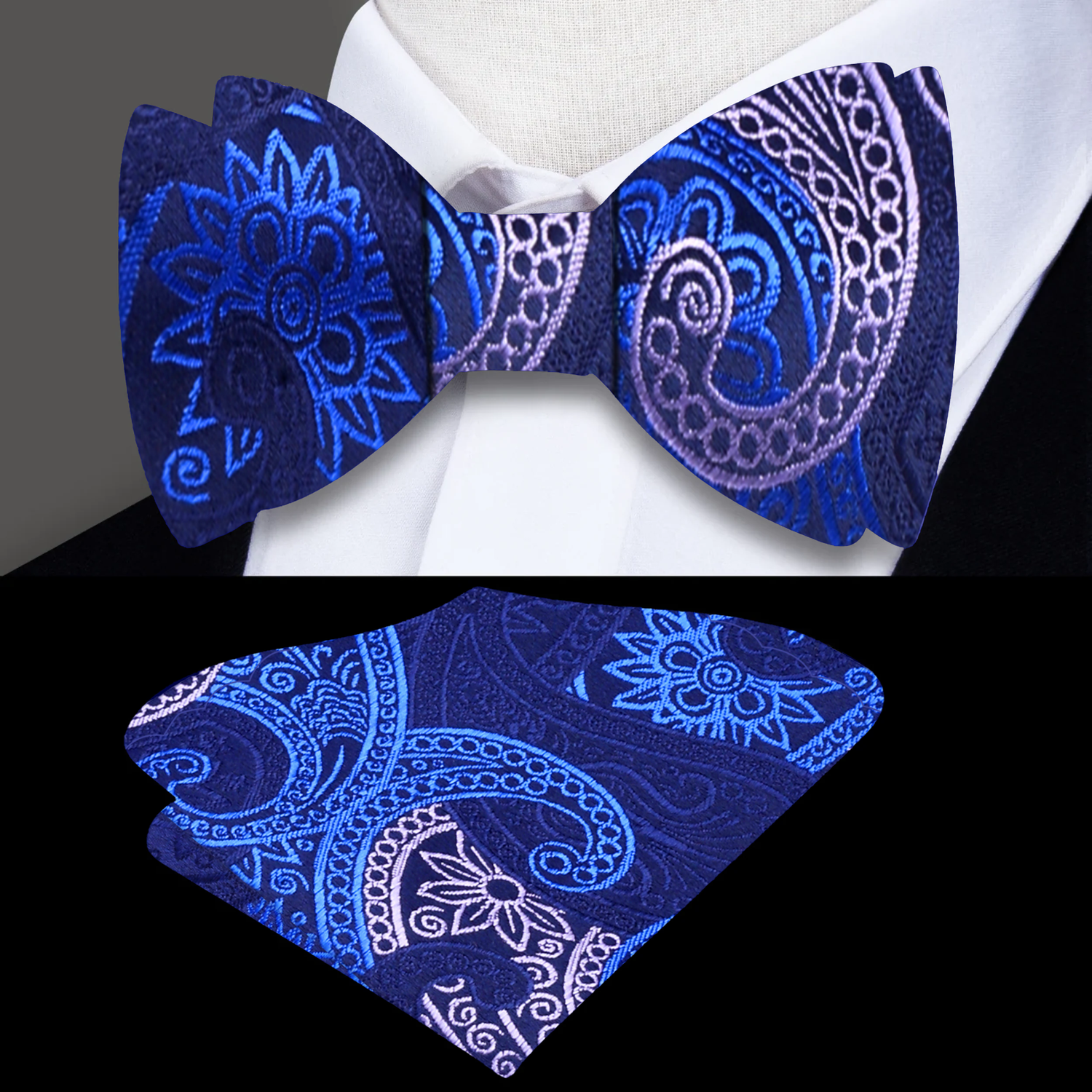 Main: Blue White Paisley Bow Tie and Pocket Square