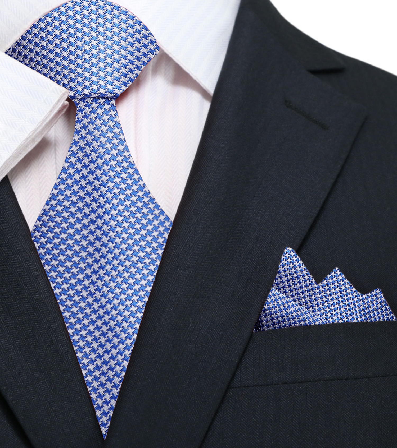 Blue, White Hounds-tooth Tie and Square