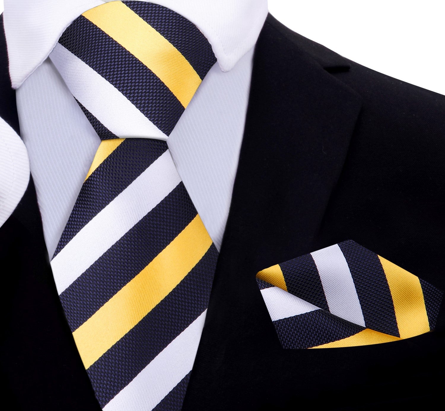 Main View: Yellow, Blue, White Stripe Tie and Pocket Square