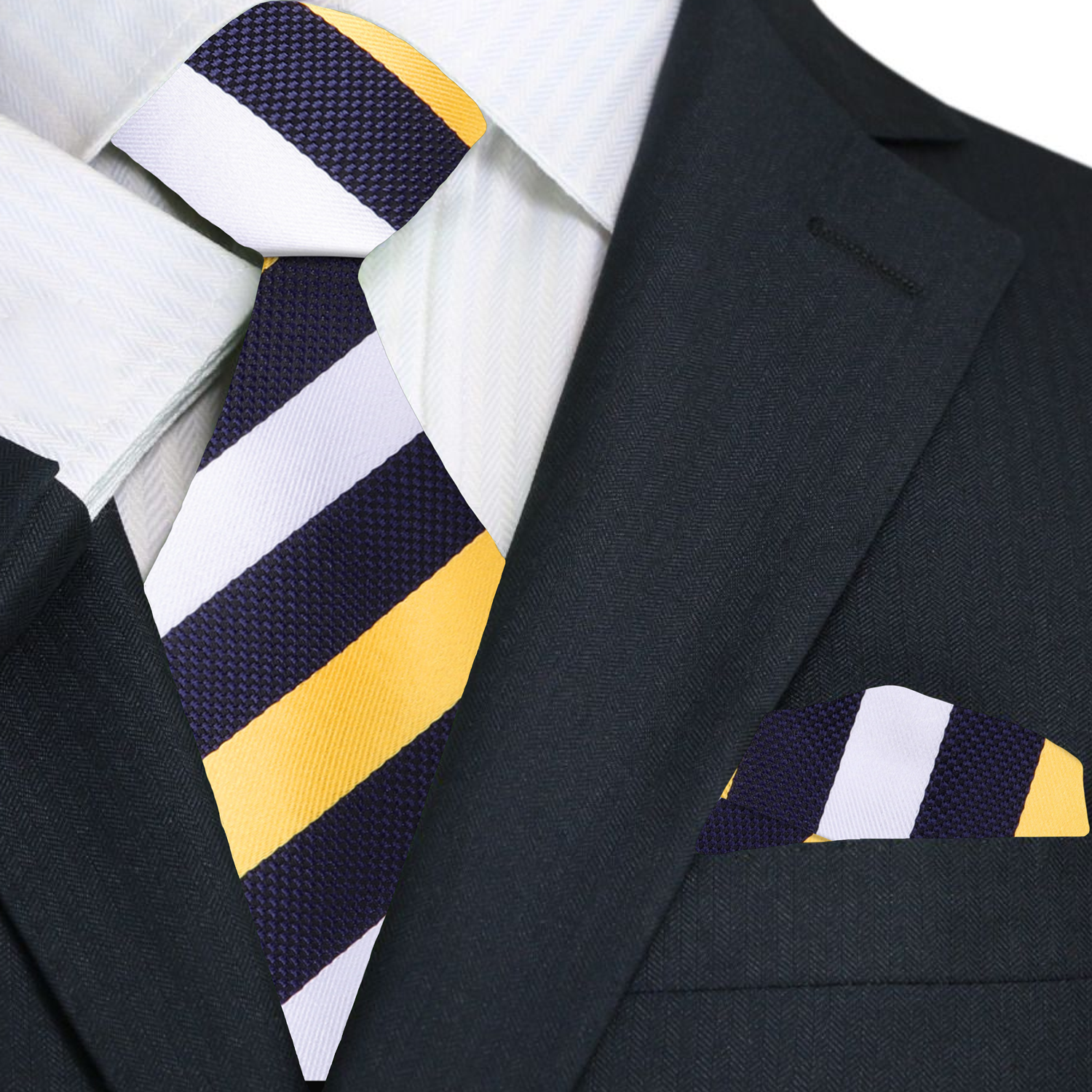Main: Main View: Yellow, Blue, White Stripe Tie and Pocket Square