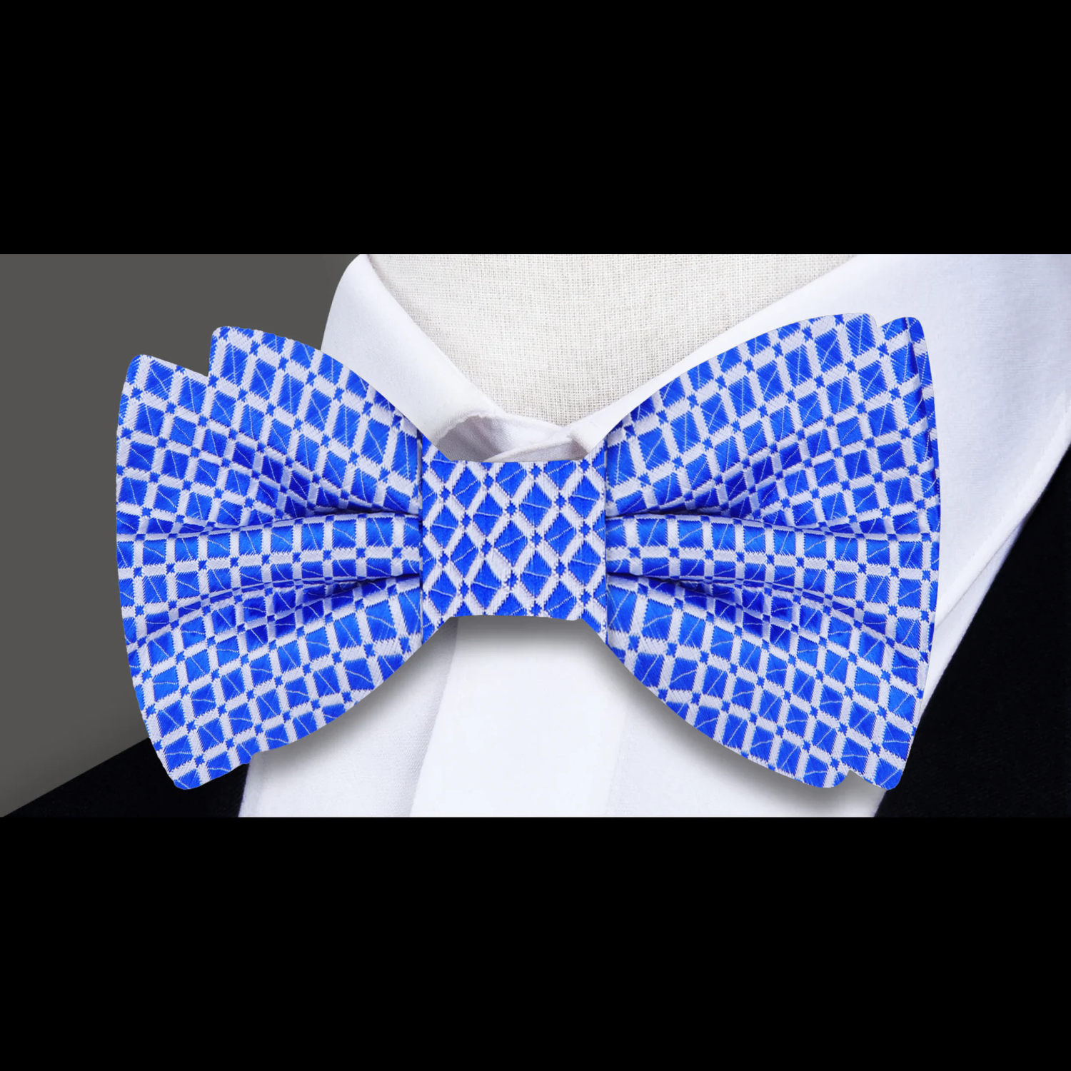 A Blue, White Small Geometric Check Pattern Silk Bow Tie