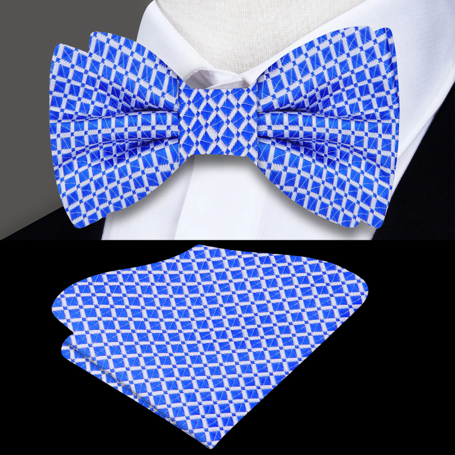 A Blue, White Small Geometric Check Pattern Silk Bow Tie, Matching Pocket Square