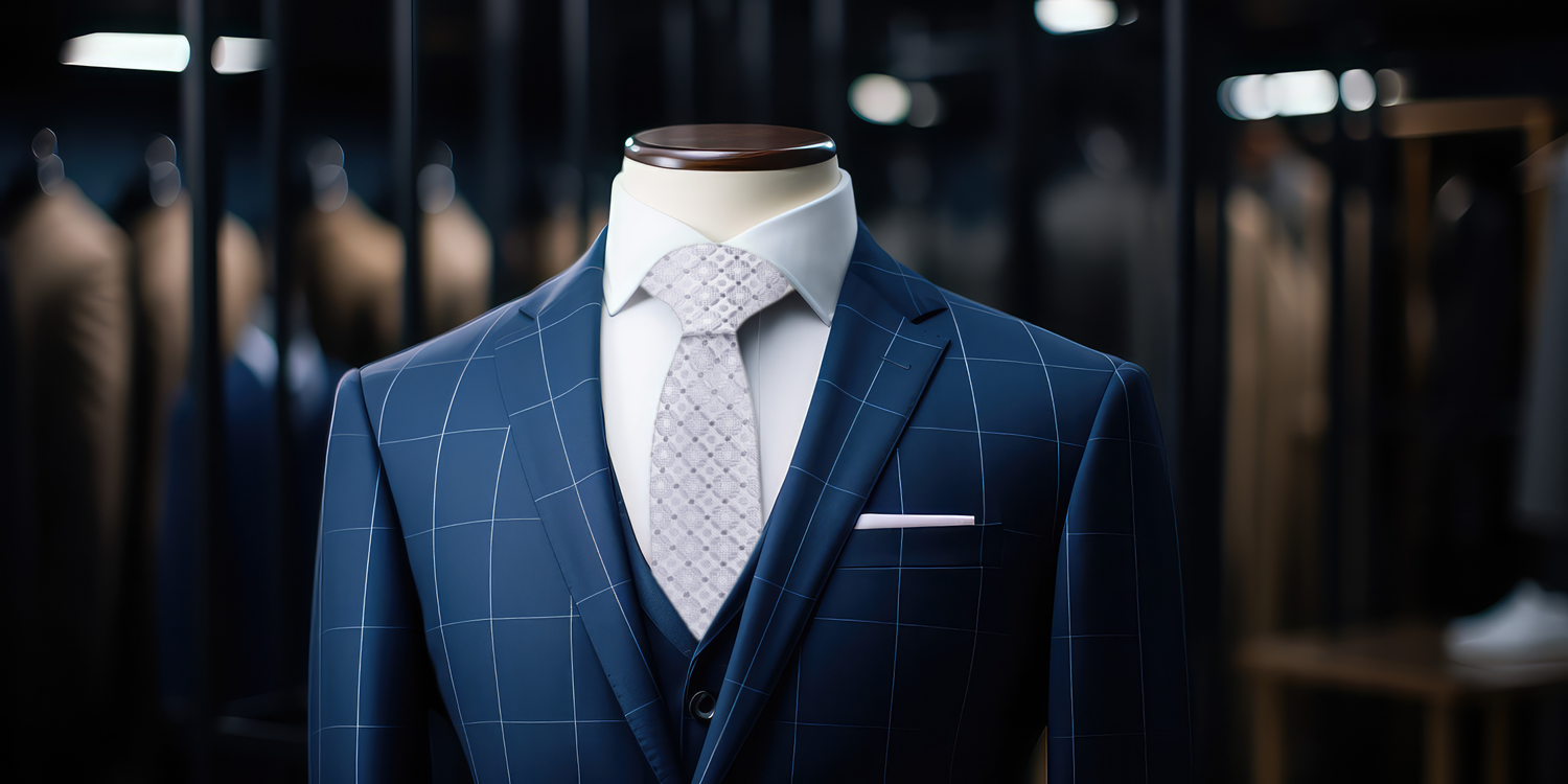 Blue Suit: Silver Geometric Necktie