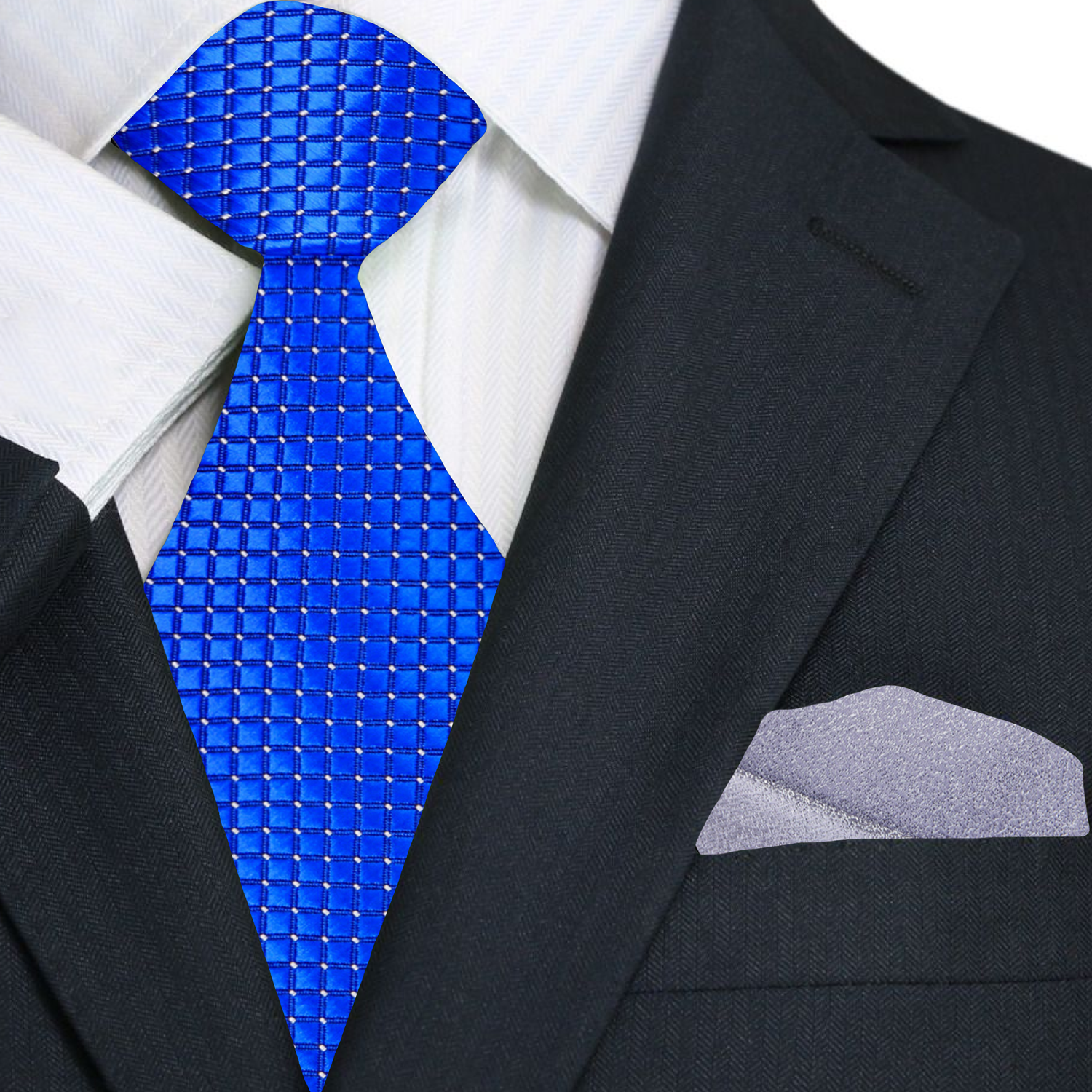 Black suit with a blue patterned tie and gray pocket square