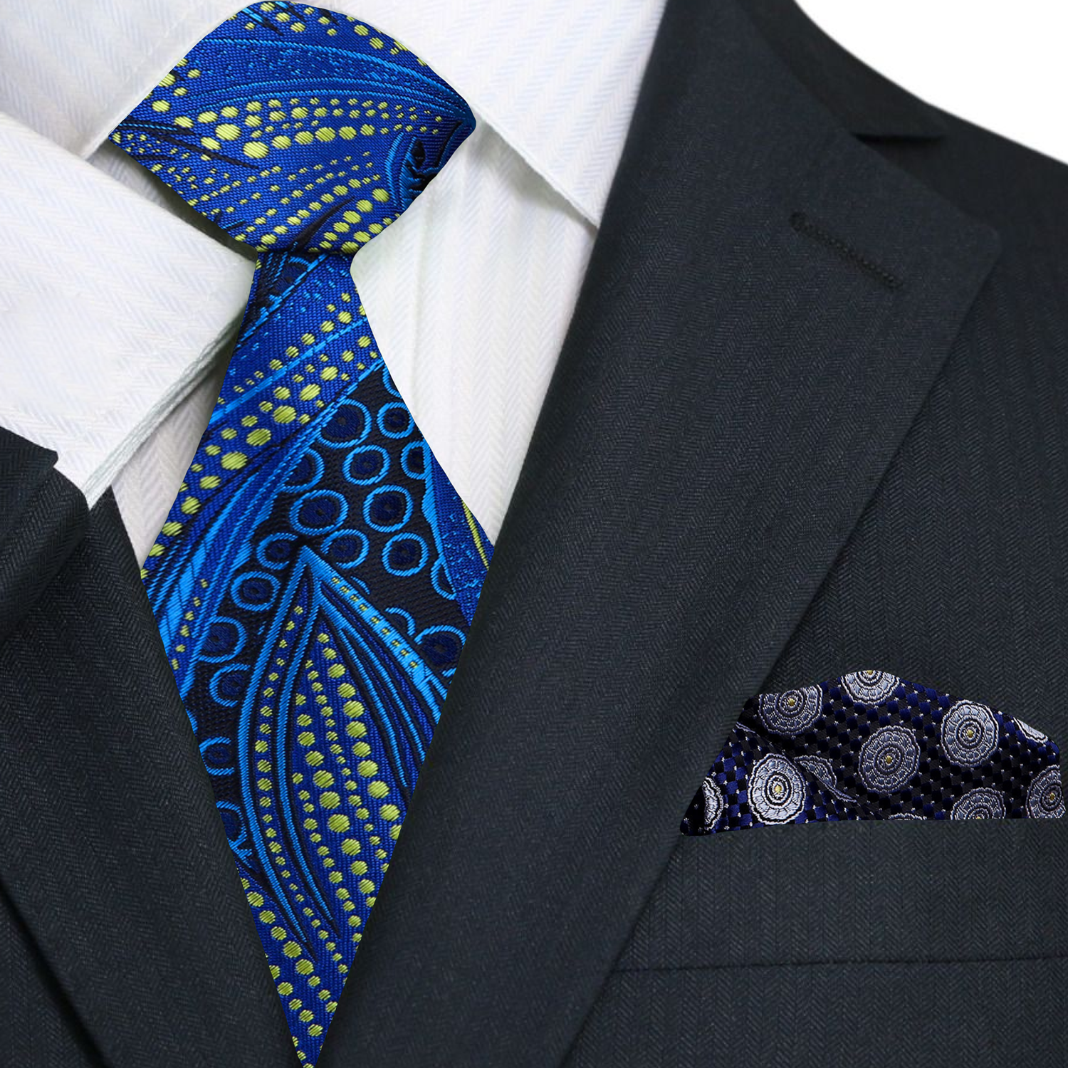Blue, Yellow Abstract Tie and Accenting Pocket Square