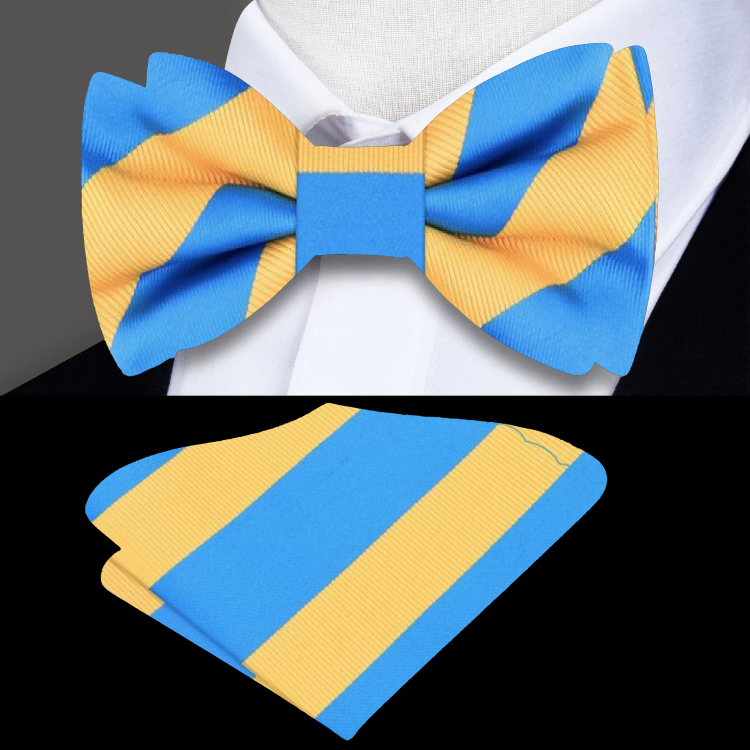 Blue, Yellow Block Stripe Bow Tie and Square