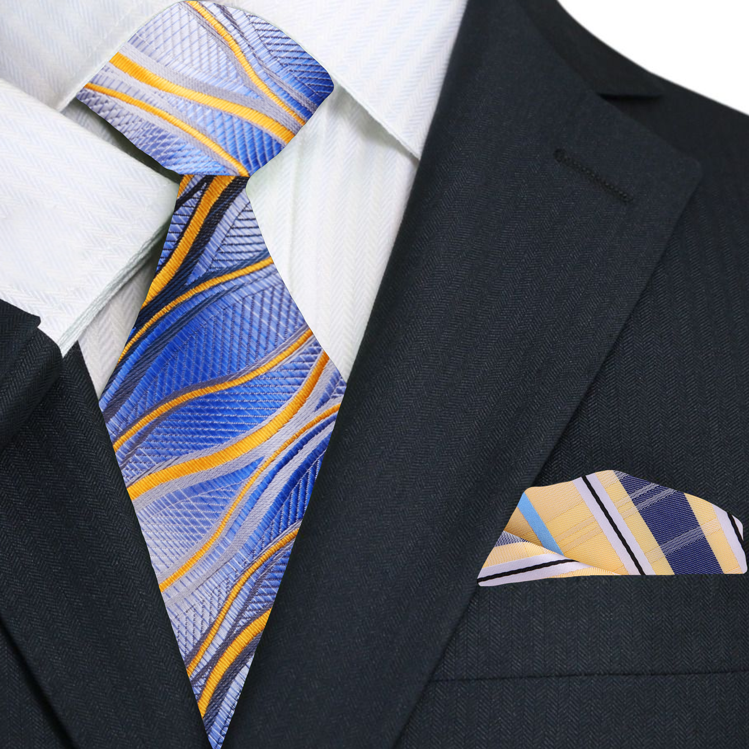 A Light Blue, Yellow, Black Abstract Wavy Lines Necktie, Accenting Pocket Square