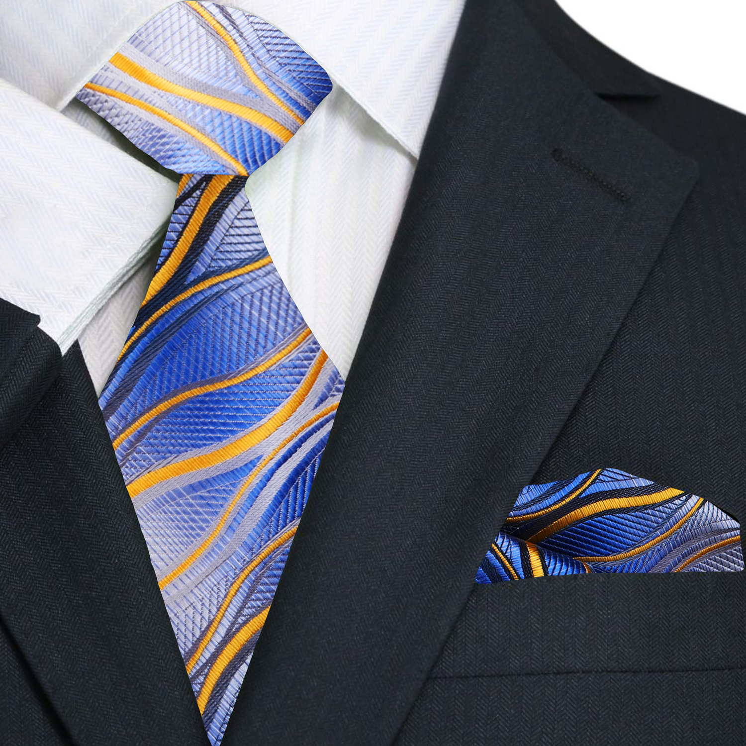Main A Light Blue, Yellow, Black Abstract Wavy Lines Necktie, Pocket Square