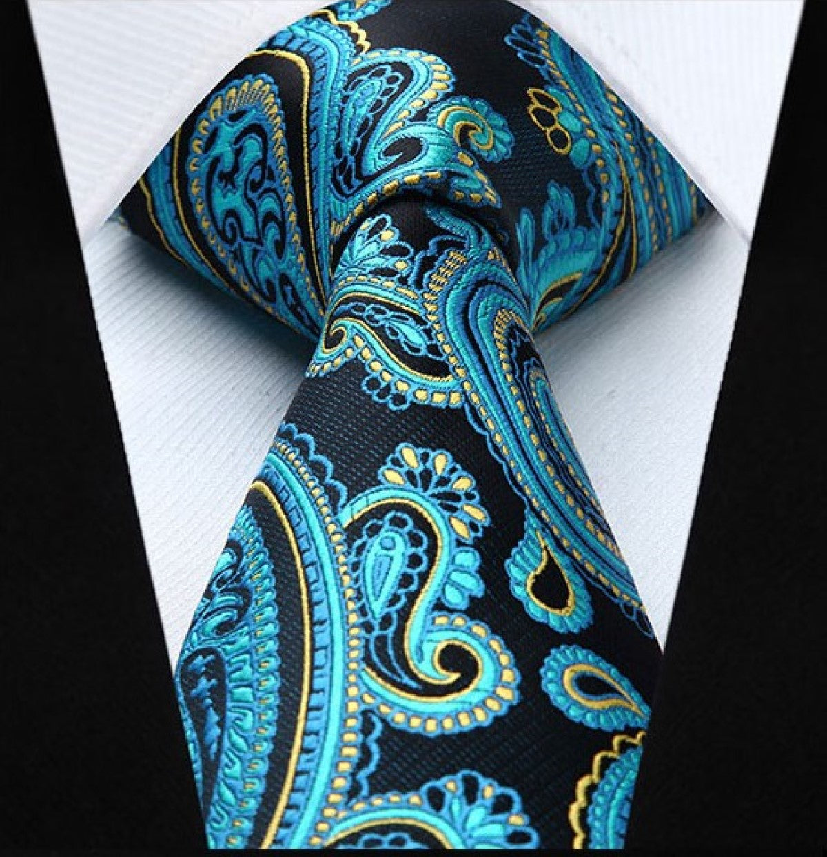 A Dark Blue, Aqua, Yellow Paisley Pattern Silk Necktie