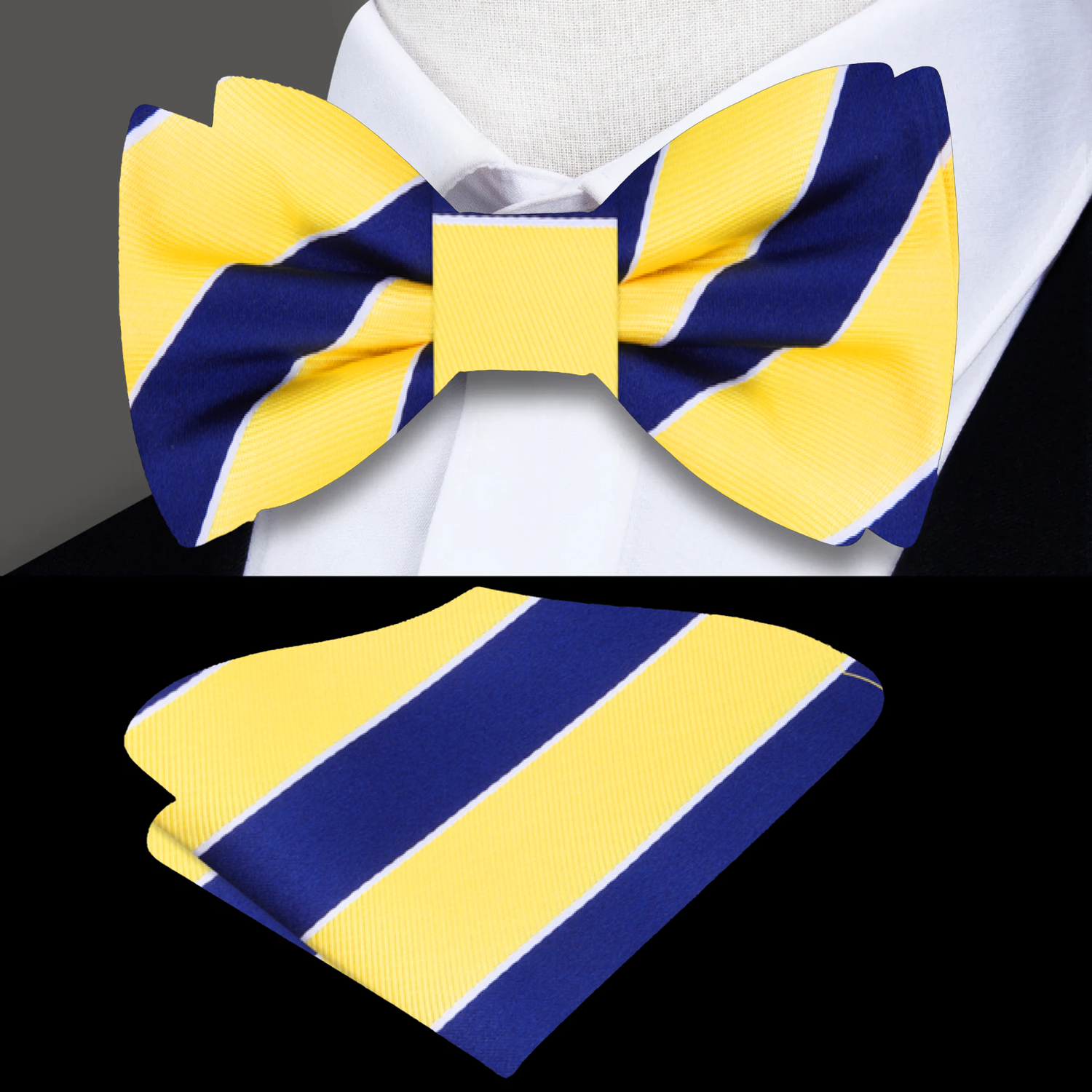 Yellow, Blue Block Stripe Bow Tie and Square