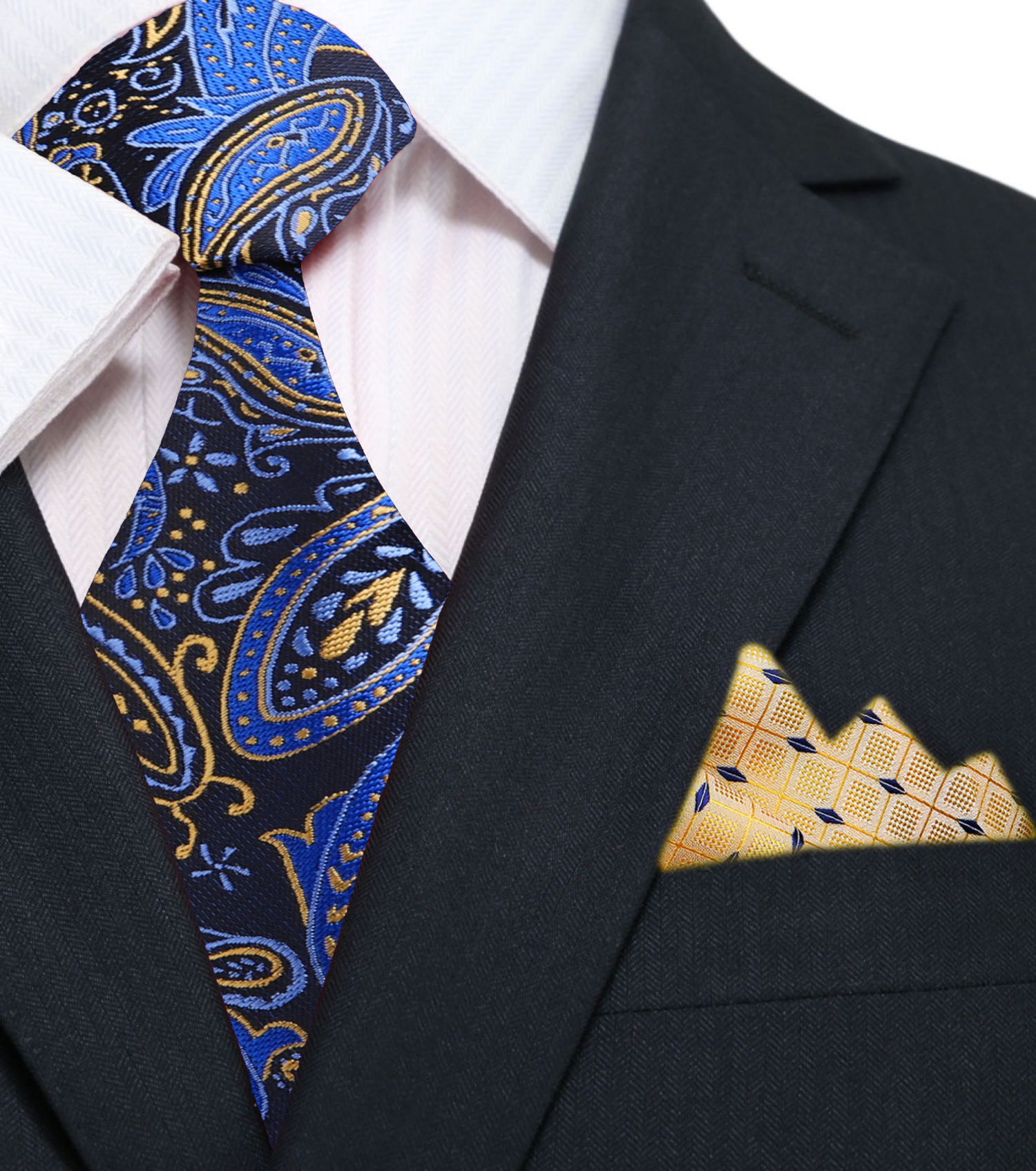 Main: Black, Blue, Yellow Paisley Tie and Accenting Yellow Pocket Square