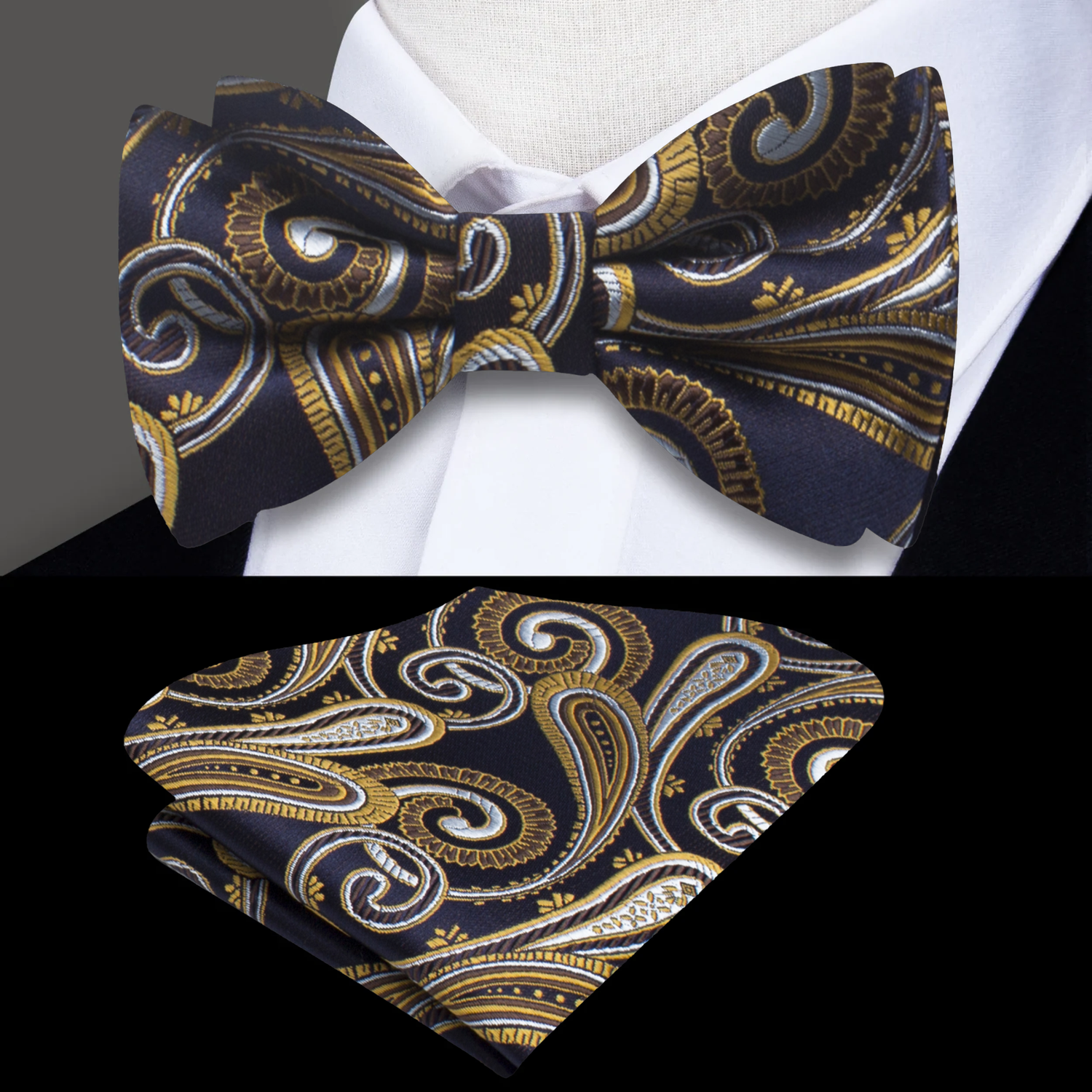 Blue and Gold Paisley Bow Tie Square