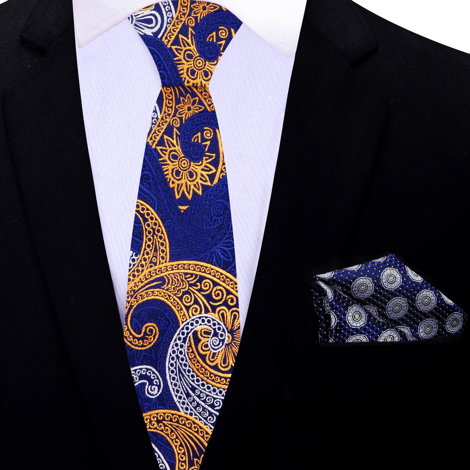 Thin Tie: Blue, Yellow Gold, White Paisley Tie and Accenting Blue Grey Yellow Geometric Square
