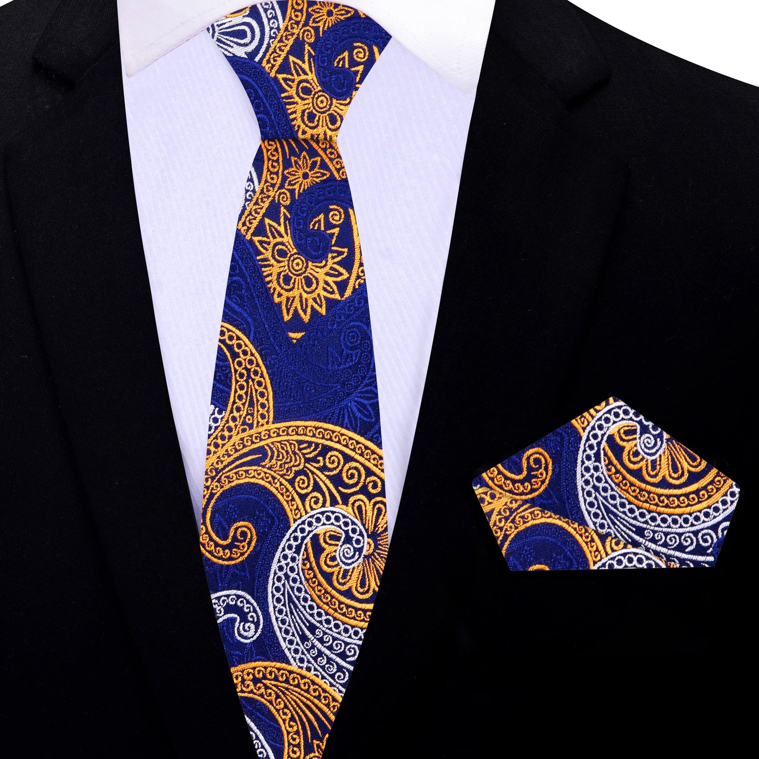 Alt View: Blue, Yellow Gold, White Paisley Tie and Matching Square