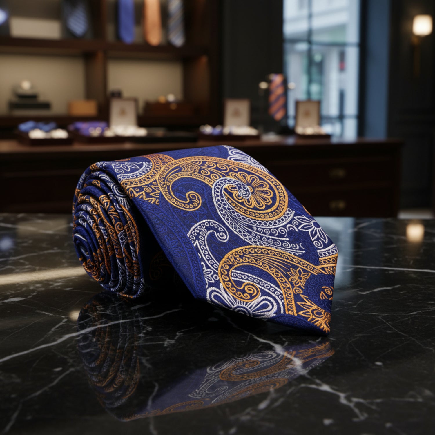 Blue, Yellow Gold, and White Paisley Necktie | Elegance and Charm